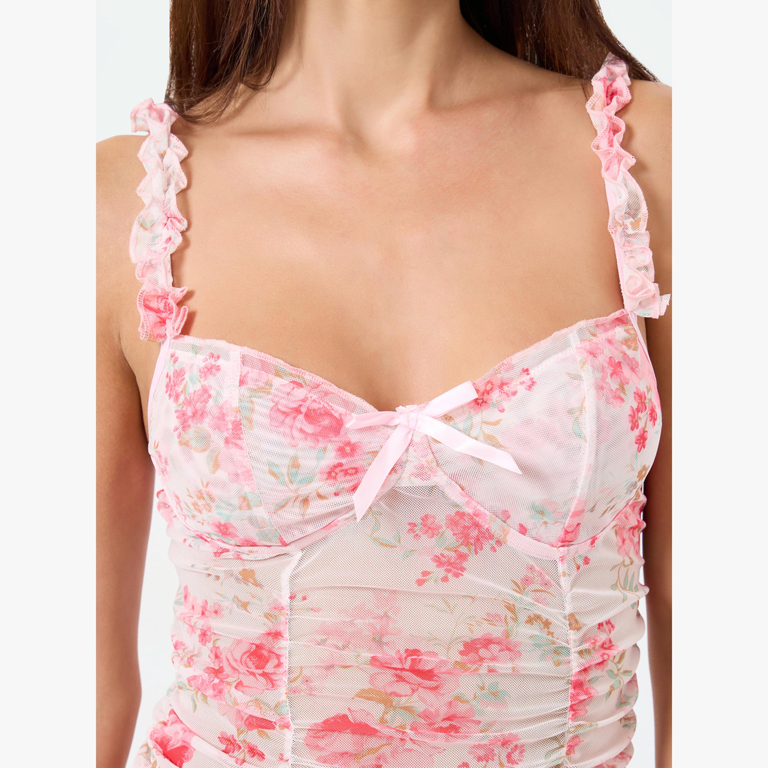 بيبي دول شفاف بطبعة زهور مزين بحمالات مزينة وزهور على الكتف وحافة مفتوحة-women-clothing-lingerie-babydollsandbodysuits-image-3