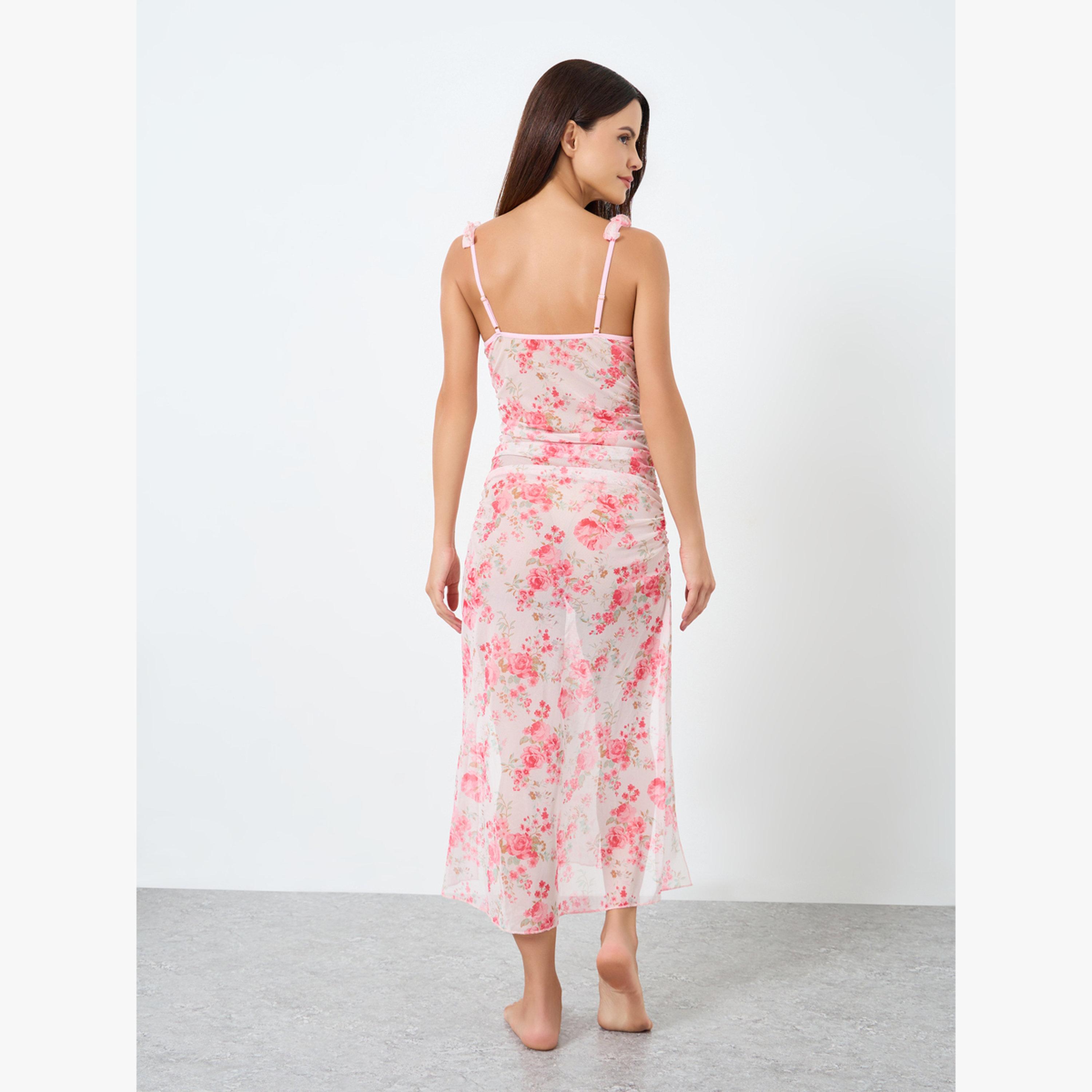 بيبي دول شفاف بطبعة زهور مزين بحمالات مزينة وزهور على الكتف وحافة مفتوحة-women-clothing-lingerie-babydollsandbodysuits-image-4