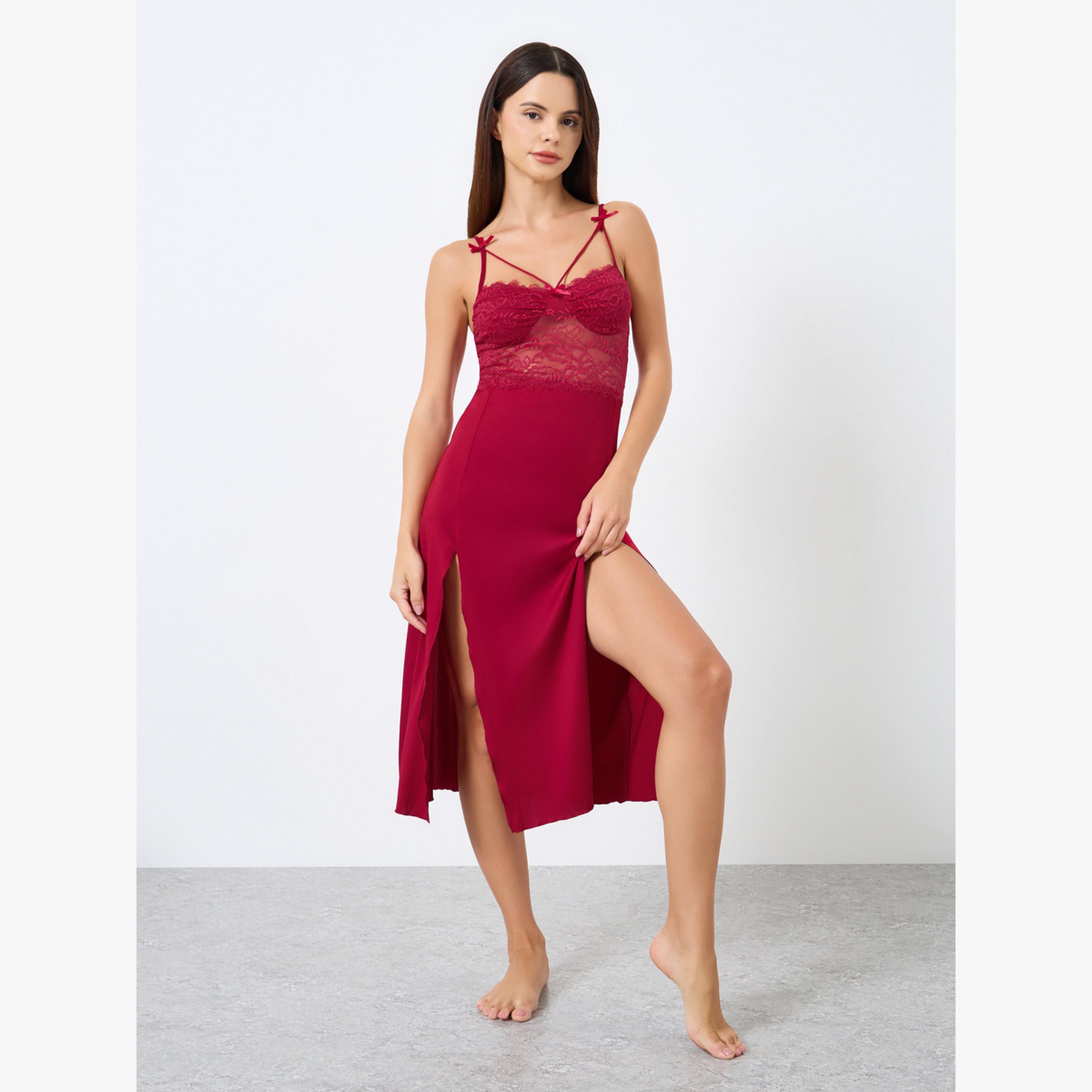 Take Two Solid Lace Embroidery Patchwork Mesh Split Hem Sheer Babydoll-women-clothing-lingerie-babydollsandbodysuits-image-1