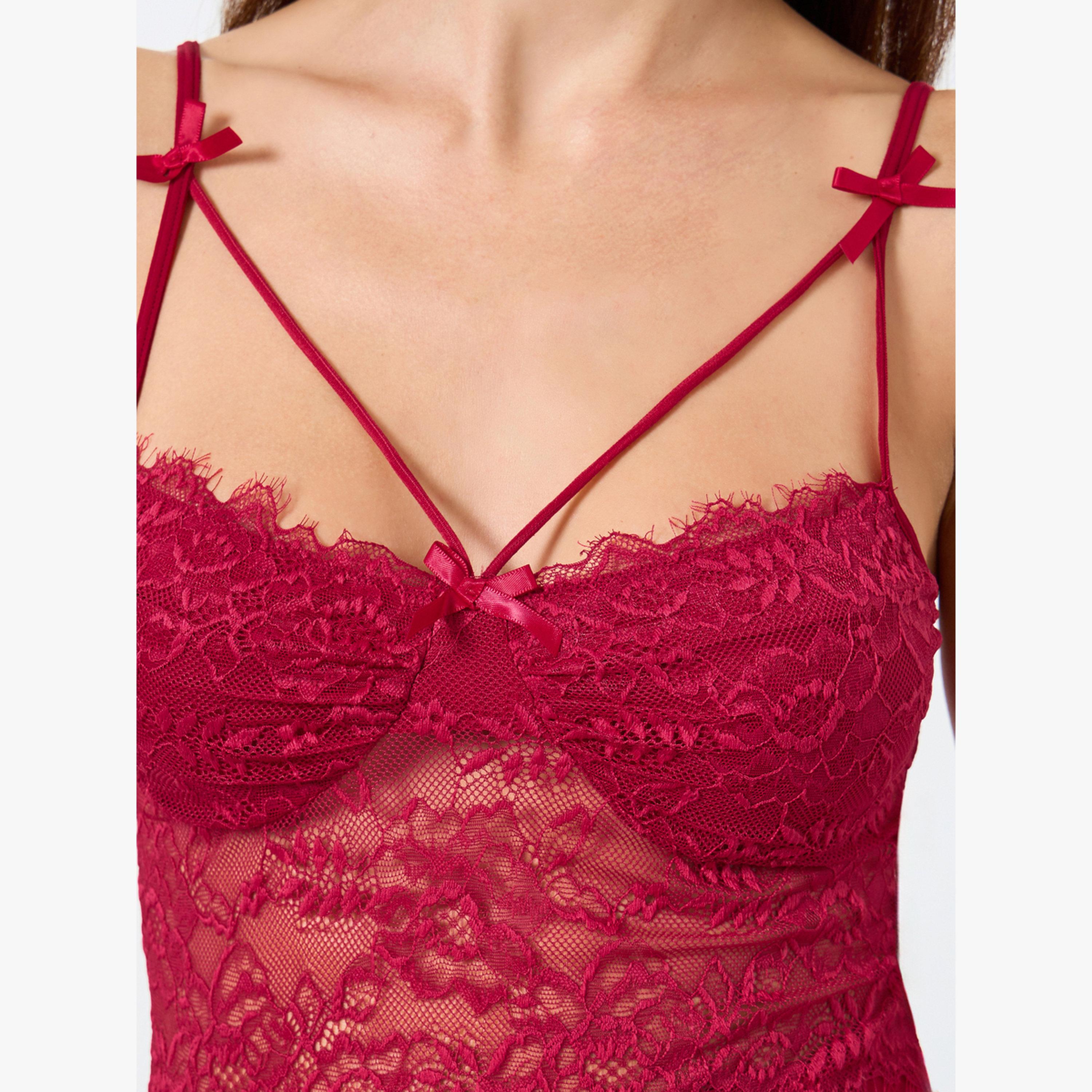 Take Two Solid Lace Embroidery Patchwork Mesh Split Hem Sheer Babydoll-women-clothing-lingerie-babydollsandbodysuits-image-3
