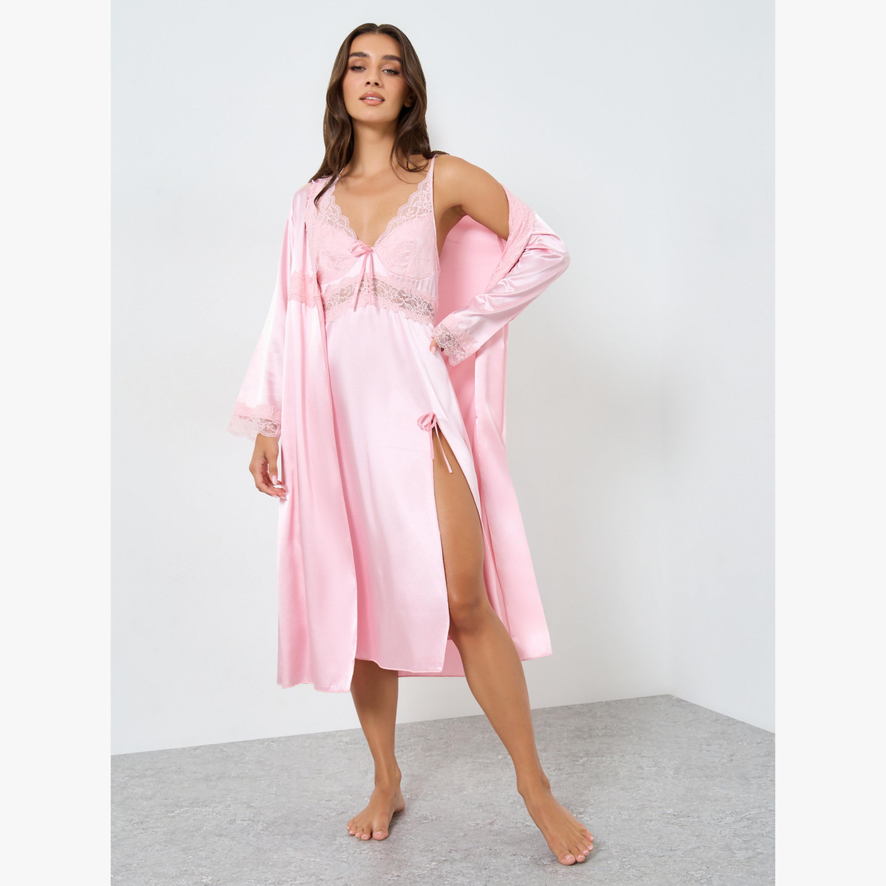 Take Two Women Solid Lace Satin Split Hem Nightdress and Robe Set-women-clothing-nightwear-robes-image-1