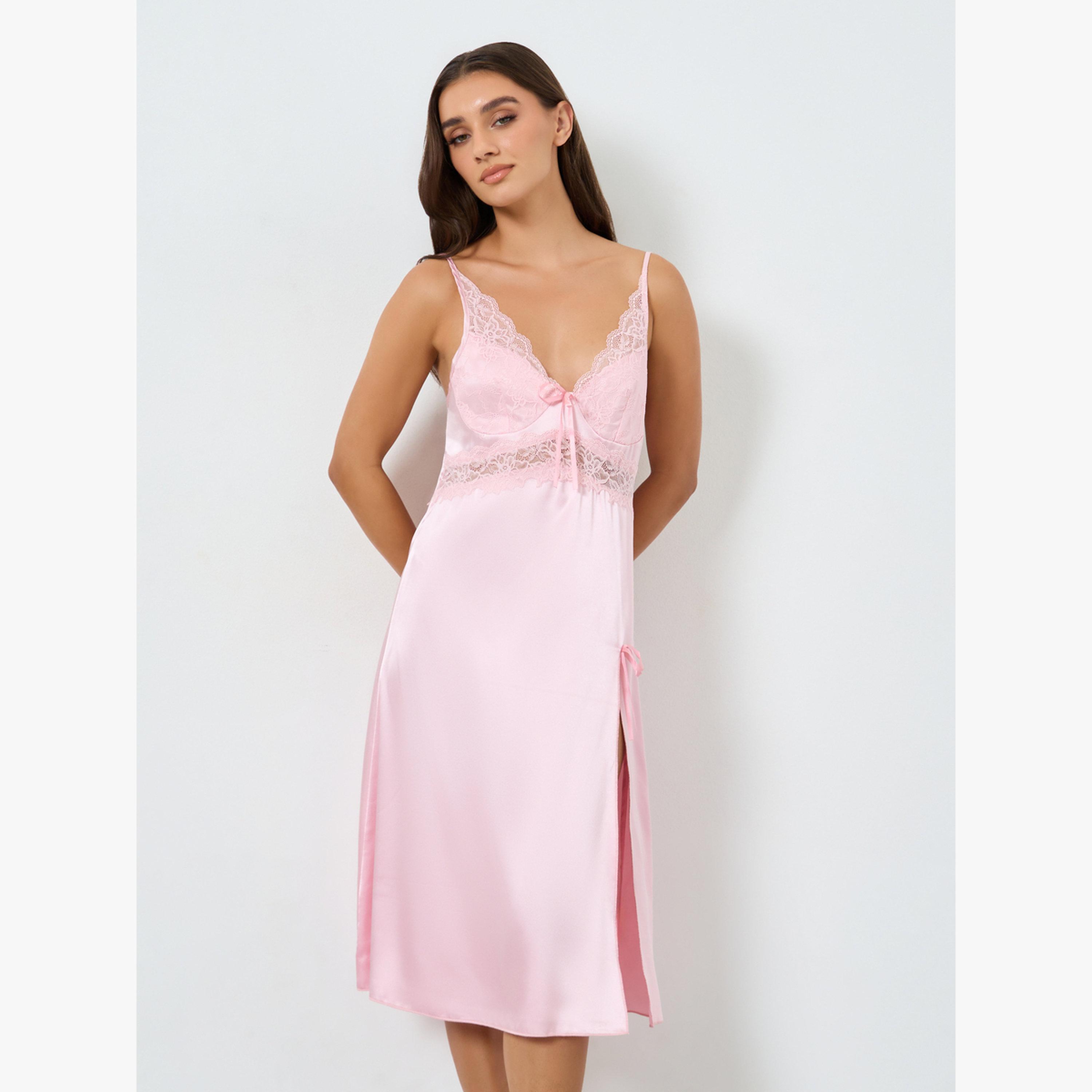 Take Two Women Solid Lace Satin Split Hem Nightdress and Robe Set-women-clothing-nightwear-robes-image-4