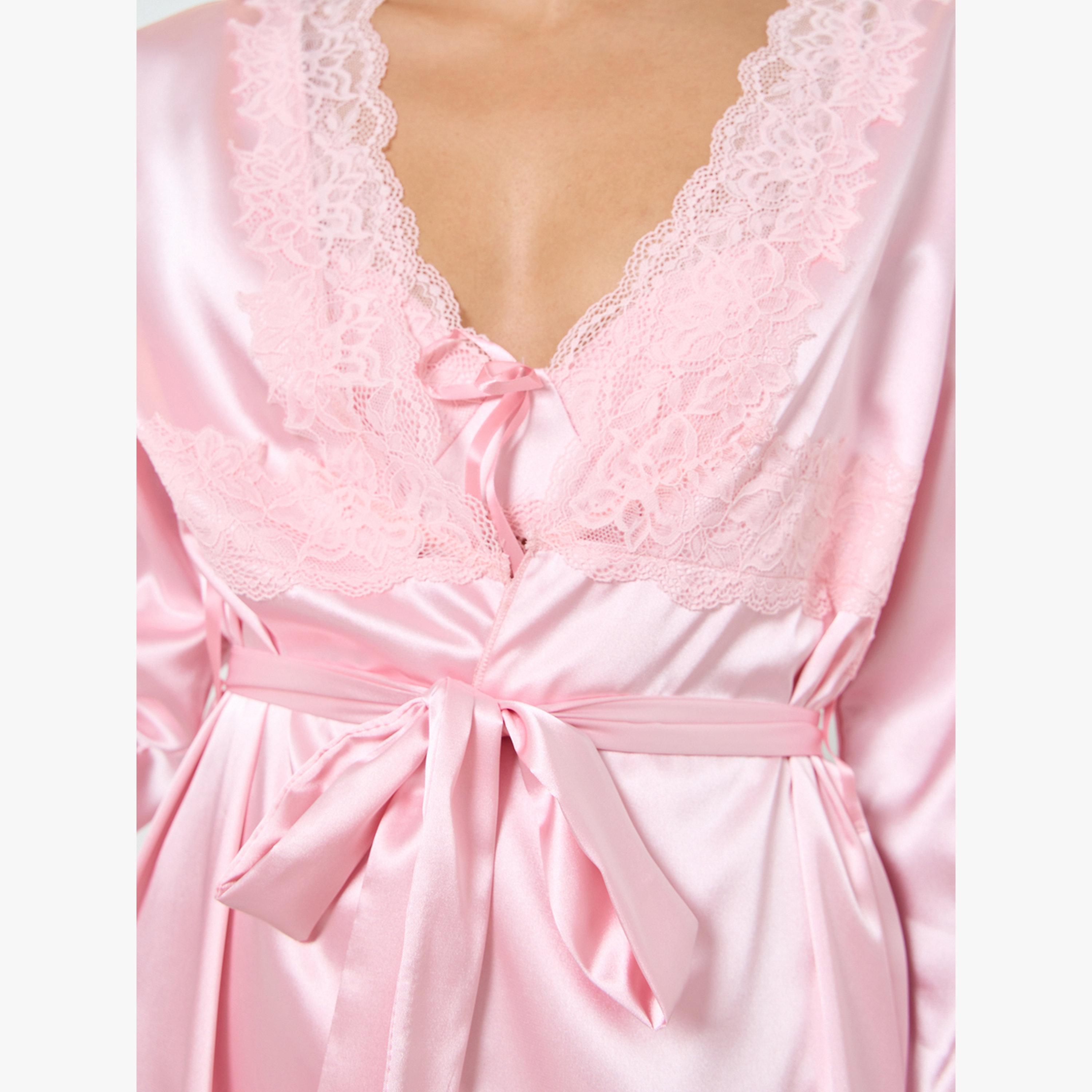 Take Two Women Solid Lace Satin Split Hem Nightdress and Robe Set-women-clothing-nightwear-robes-image-6
