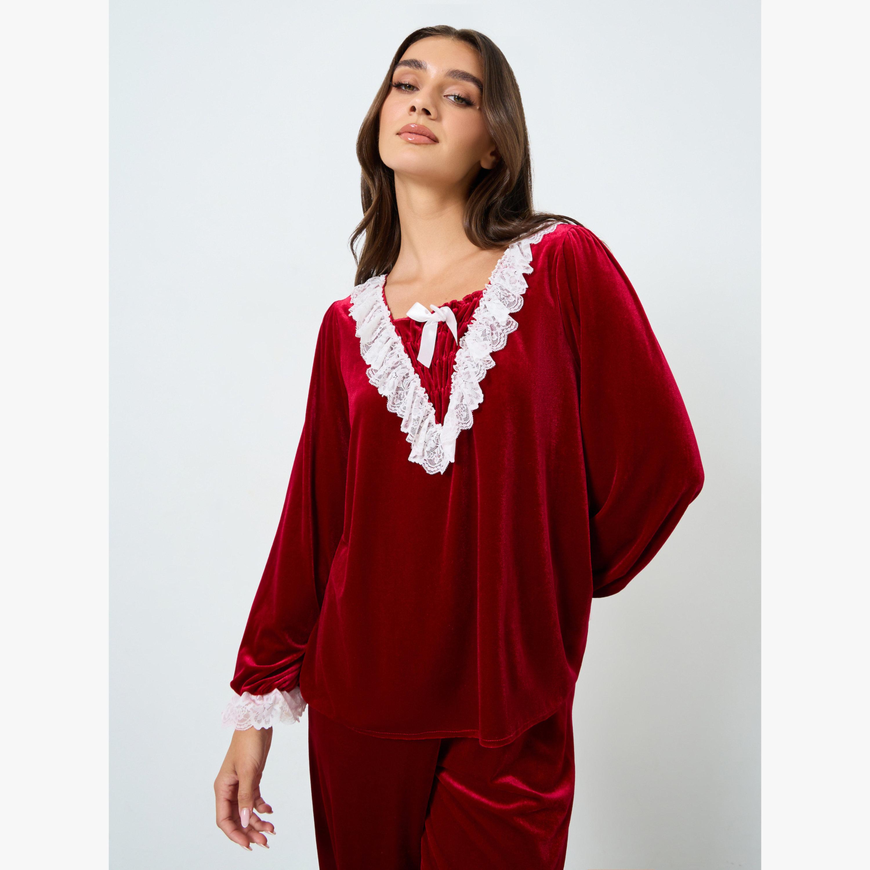 Take Two Velvet Look Lace Trim Top and Pyjama Set-women-clothing-nightwear-pyjamas-longsets-image-2