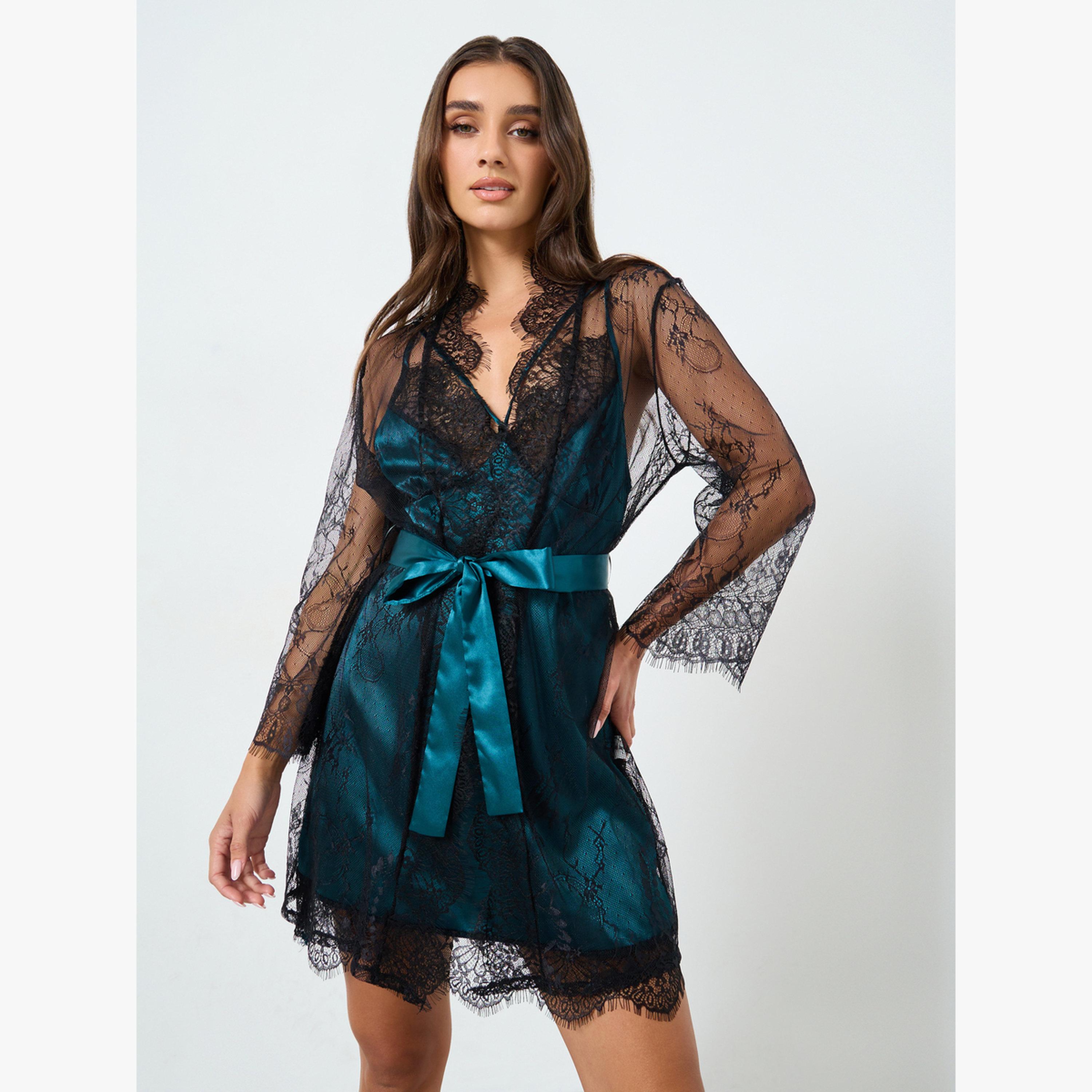 Take Two Lace Patchwork Satin Nightdress and Robe Set-women-clothing-nightwear-robes-image-3