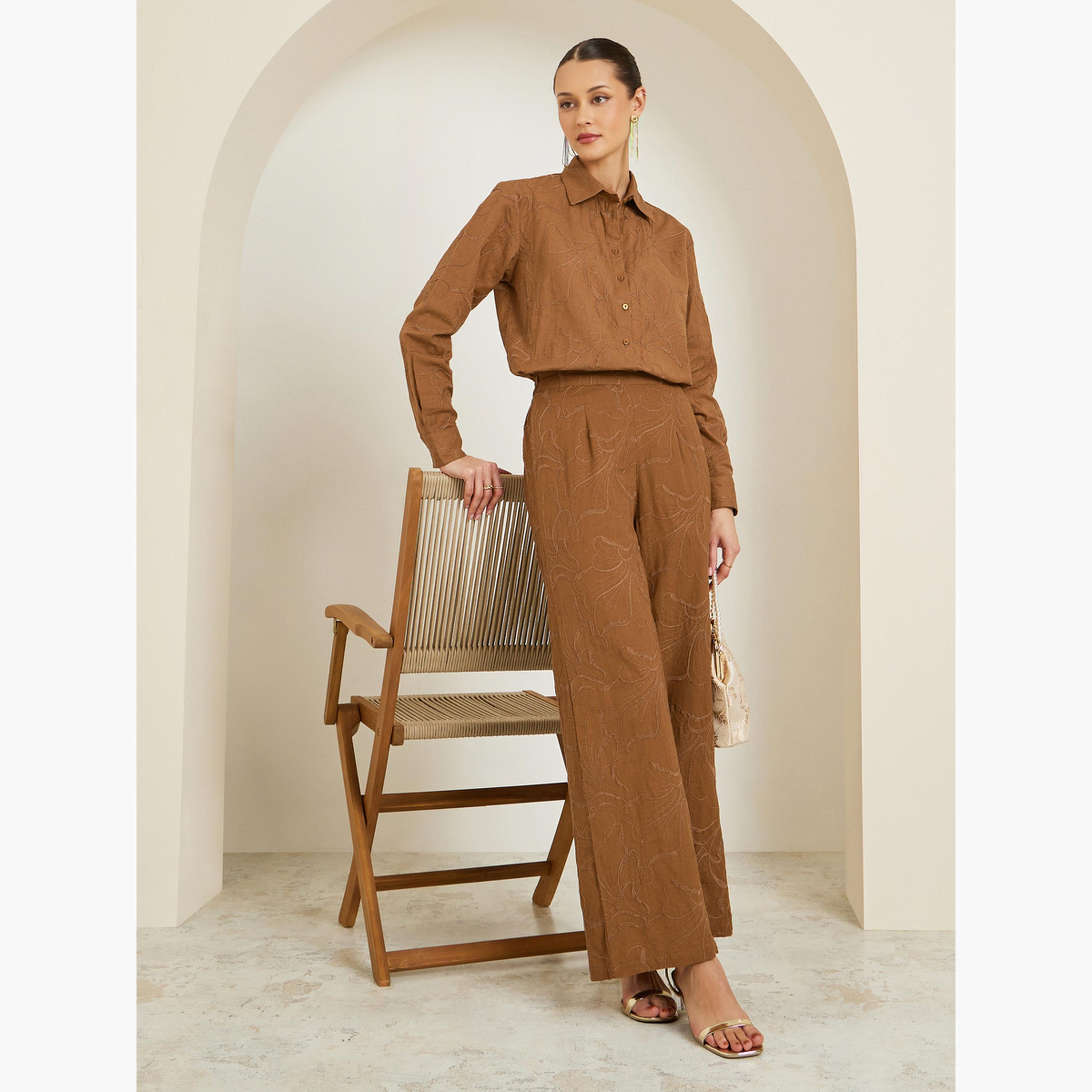 Styli Women Tan Embroidered Wide Leg Trousers-women-clothing-bottoms-trousers-image-2