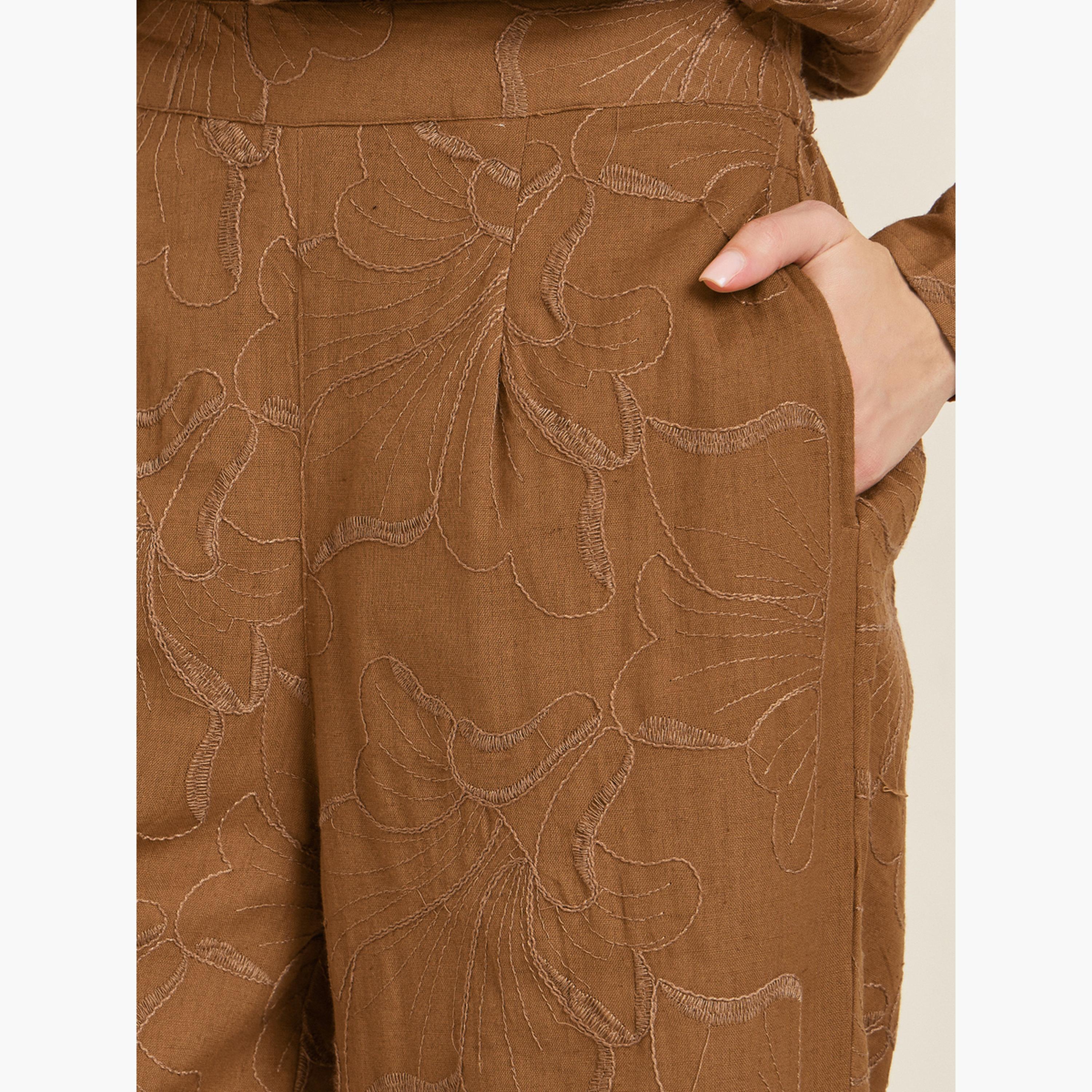 Styli Women Tan Embroidered Wide Leg Trousers-women-clothing-bottoms-trousers-image-4