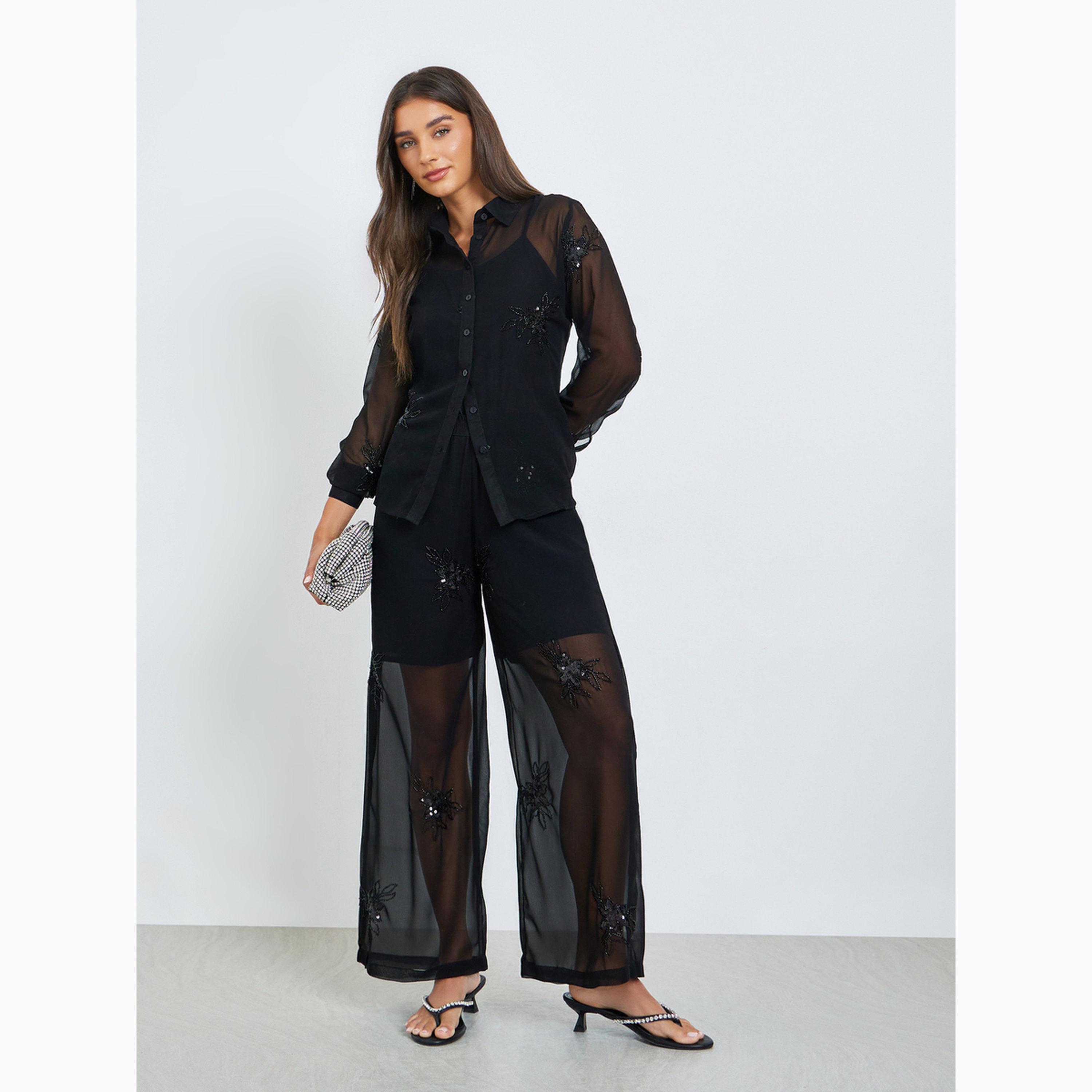 Styli Black Embellished Sheer Wide Leg Trousers-women-clothing-ethnicwear-bottoms-palazzos-image-2