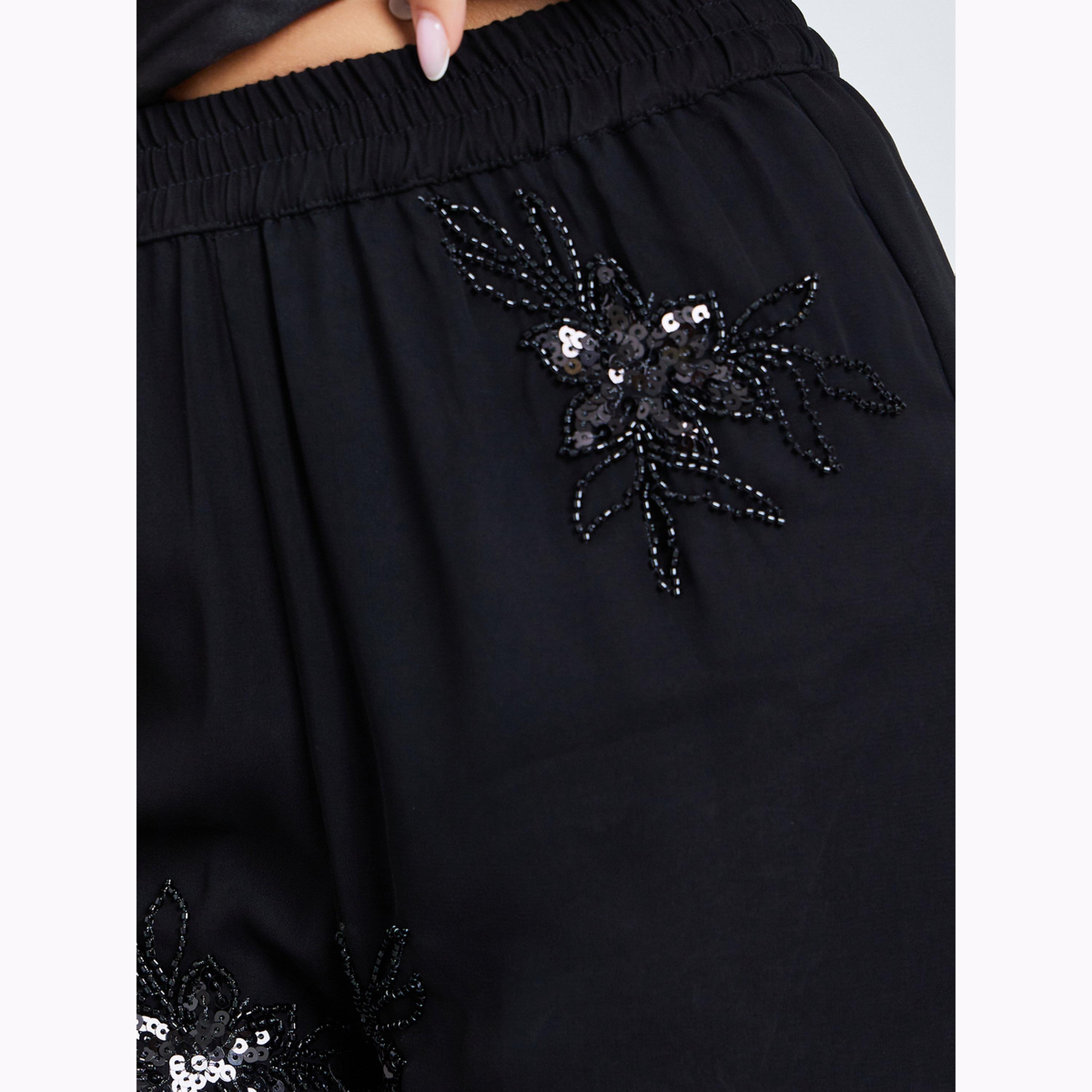 Styli Black Embellished Sheer Wide Leg Trousers-women-clothing-ethnicwear-bottoms-palazzos-image-3