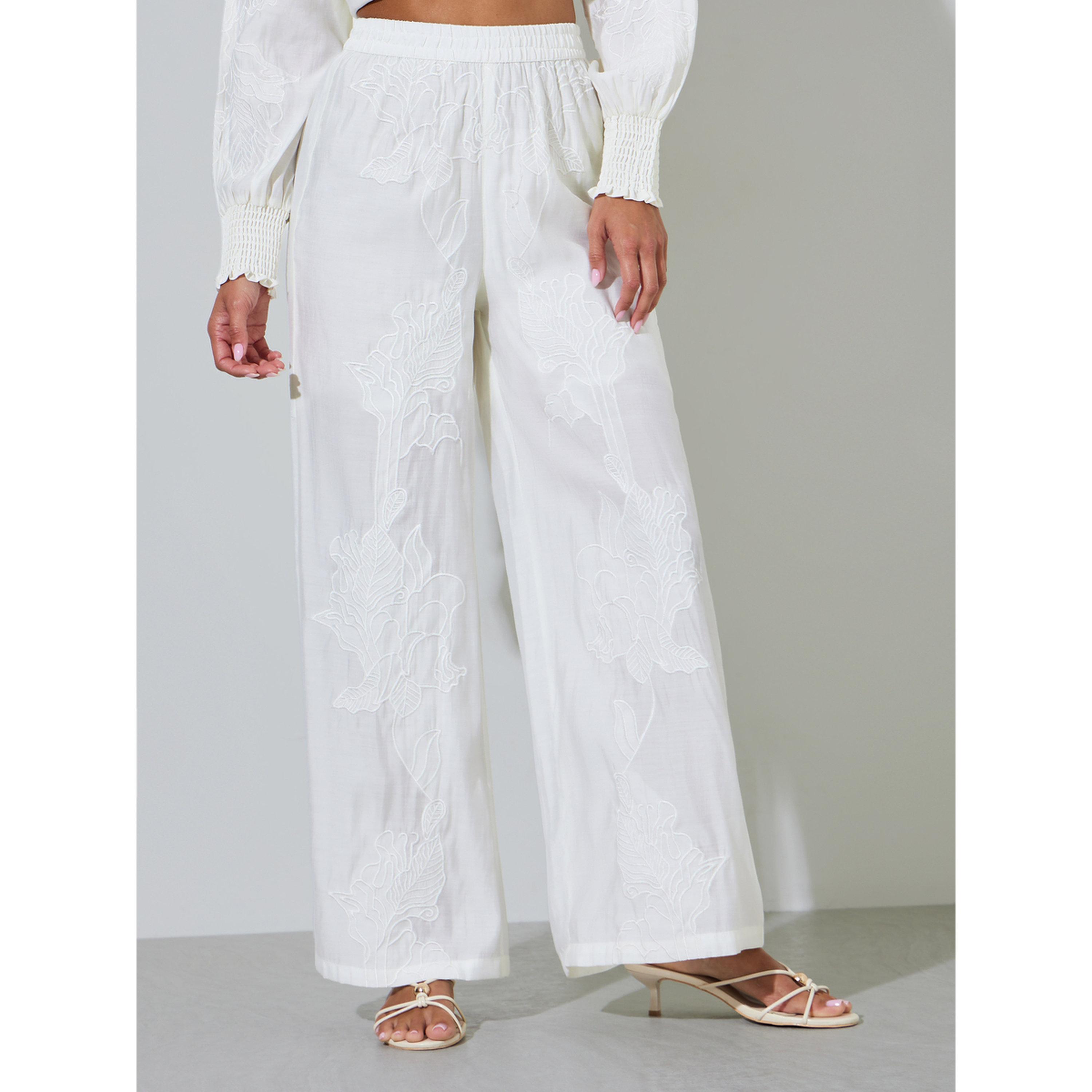 Styli Off White Embellished Sheer Wide Leg Trousers-women-clothing-joggers-image-1