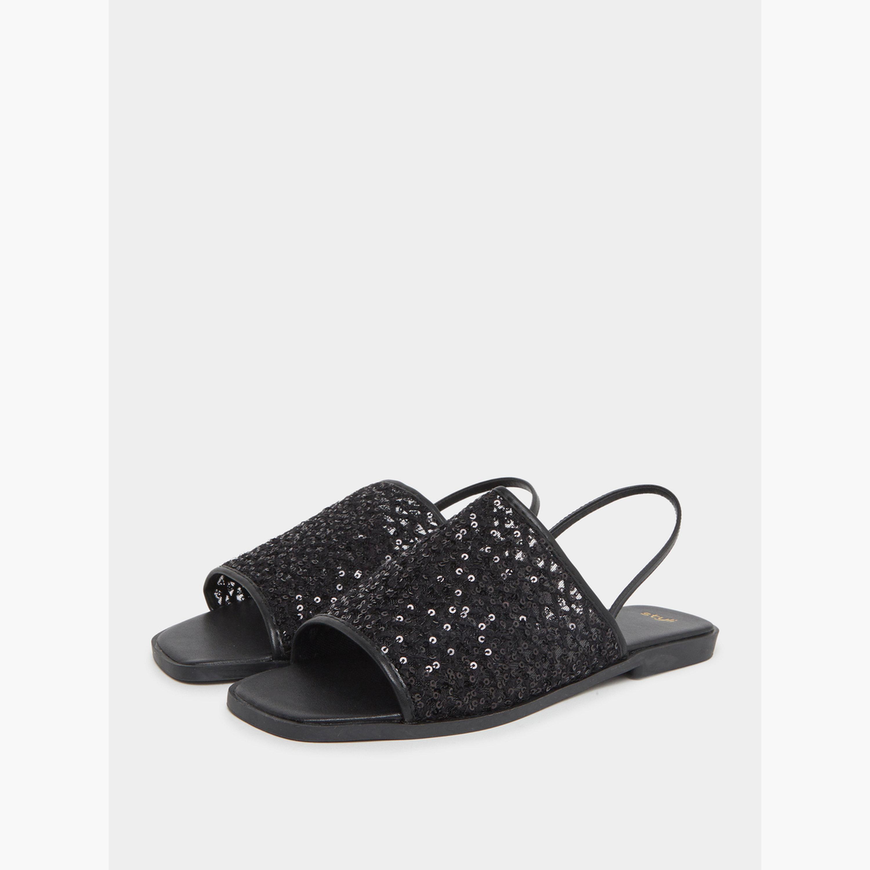 Styli Black Sequin Flat Sandals-women-shoes-sandals-flats-image-1