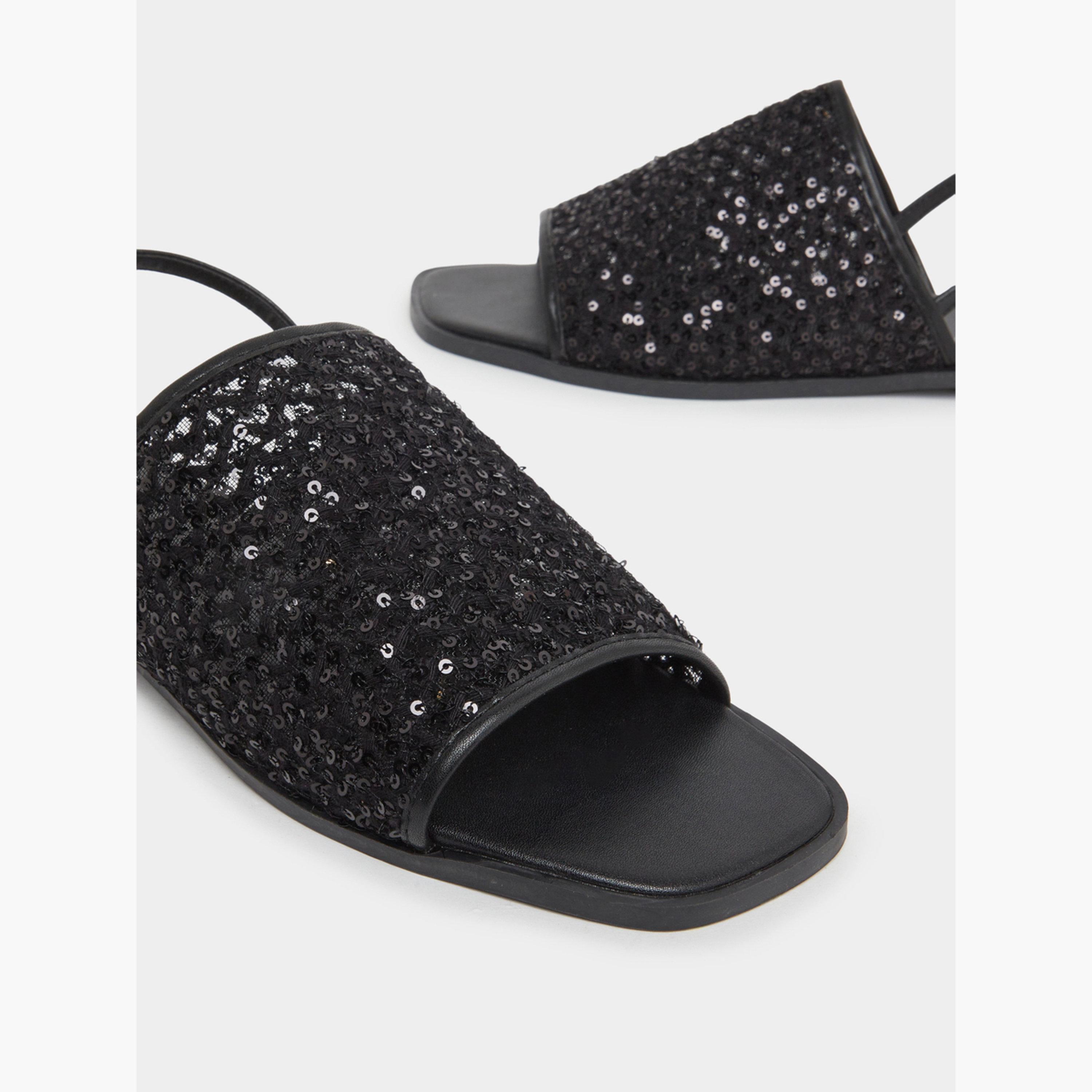 Styli Black Sequin Flat Sandals-women-shoes-sandals-flats-image-3