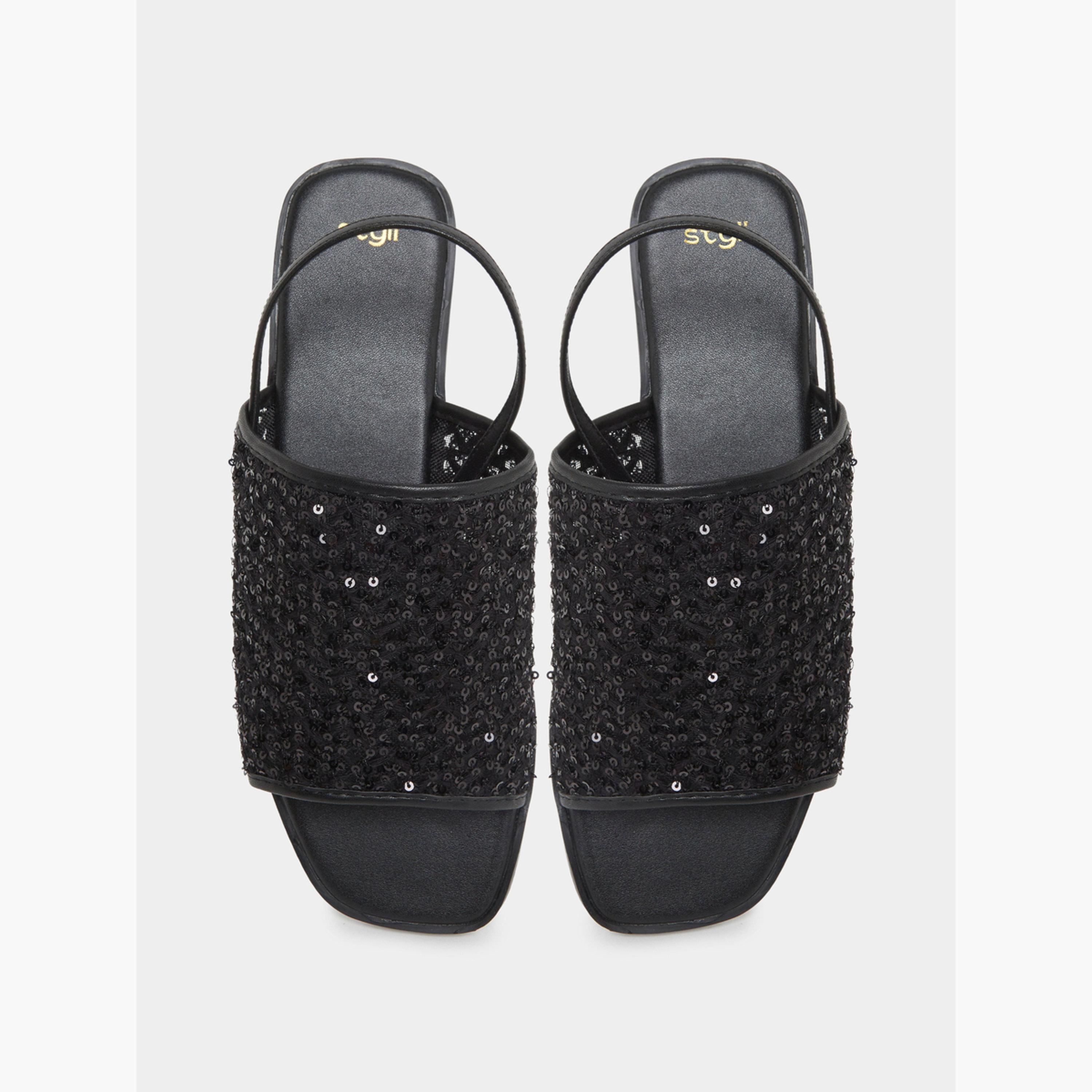 Styli Black Sequin Flat Sandals-women-shoes-sandals-flats-image-5