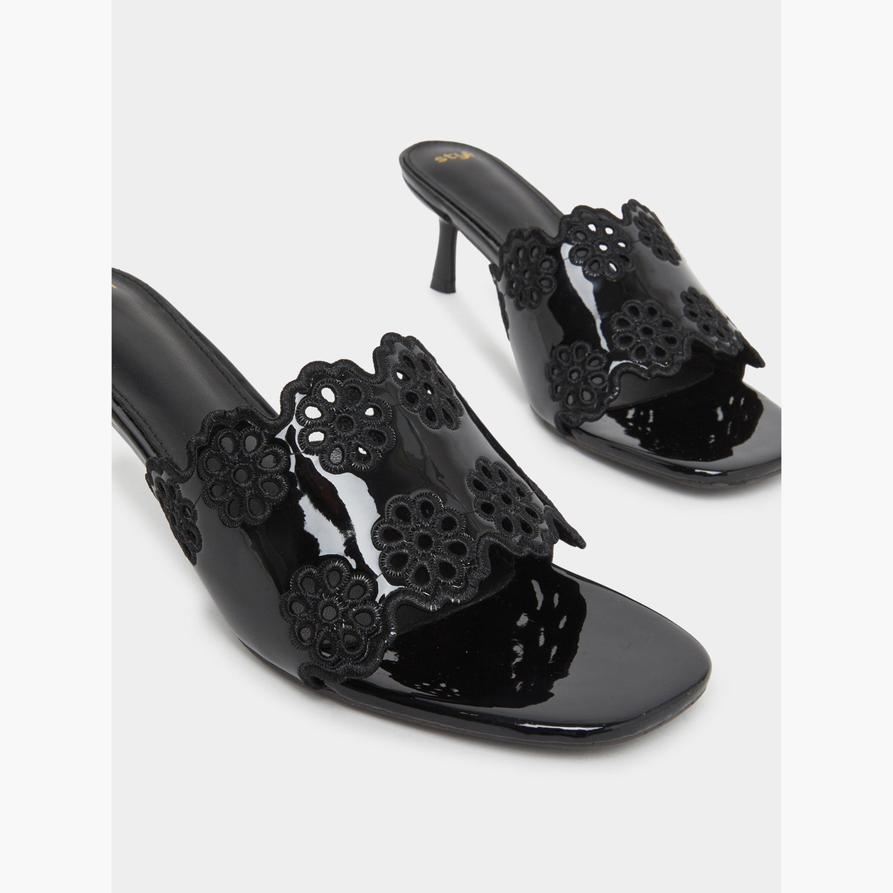 Styli Black Floral Cutout Kitten Heel Sandals-women-shoes-heels-image-3