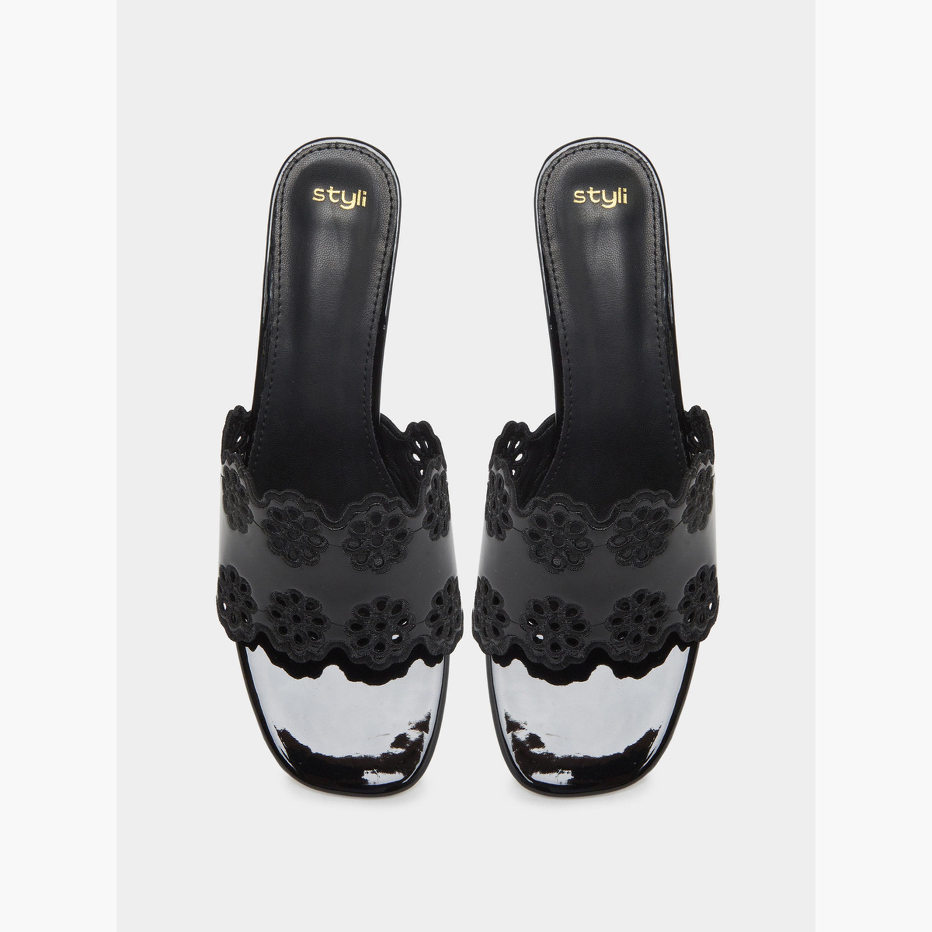 Styli Black Floral Cutout Kitten Heel Sandals-women-shoes-heels-image-5