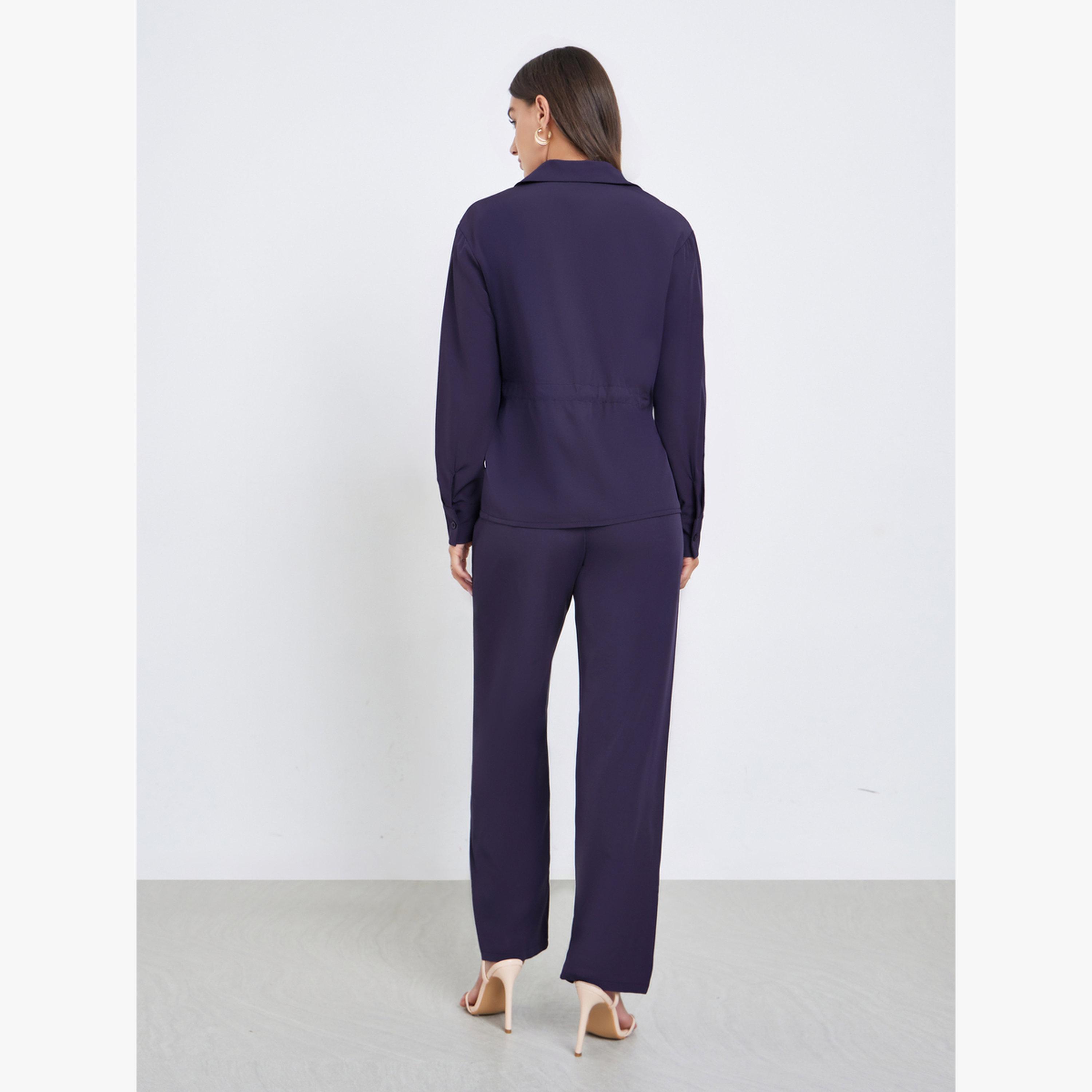 طقم منسق من قميص وبنطال برباط سحب سادة-women-clothing-coordsets-image-5