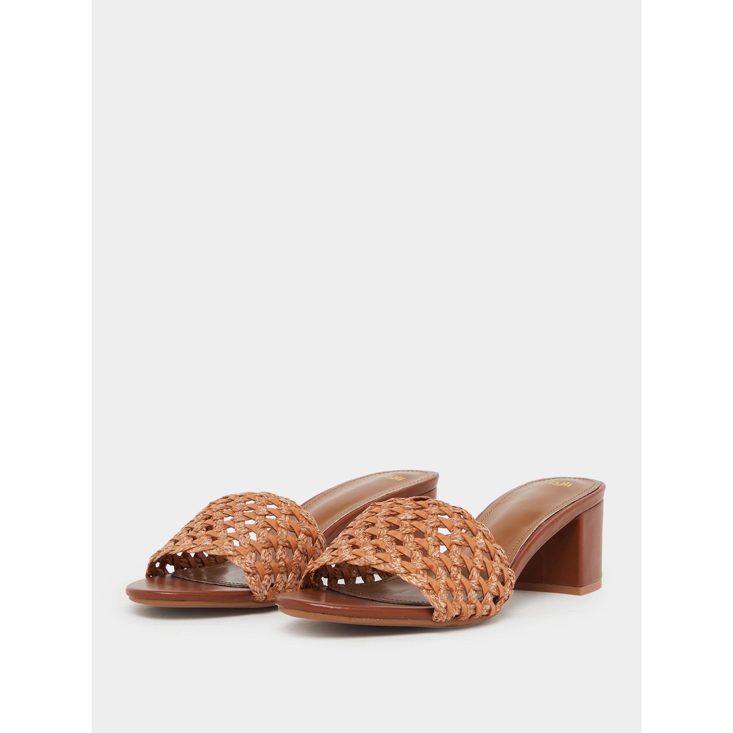 Styli Brown Woven Strap Low Heel Sandals-women-shoes-heels-image-1