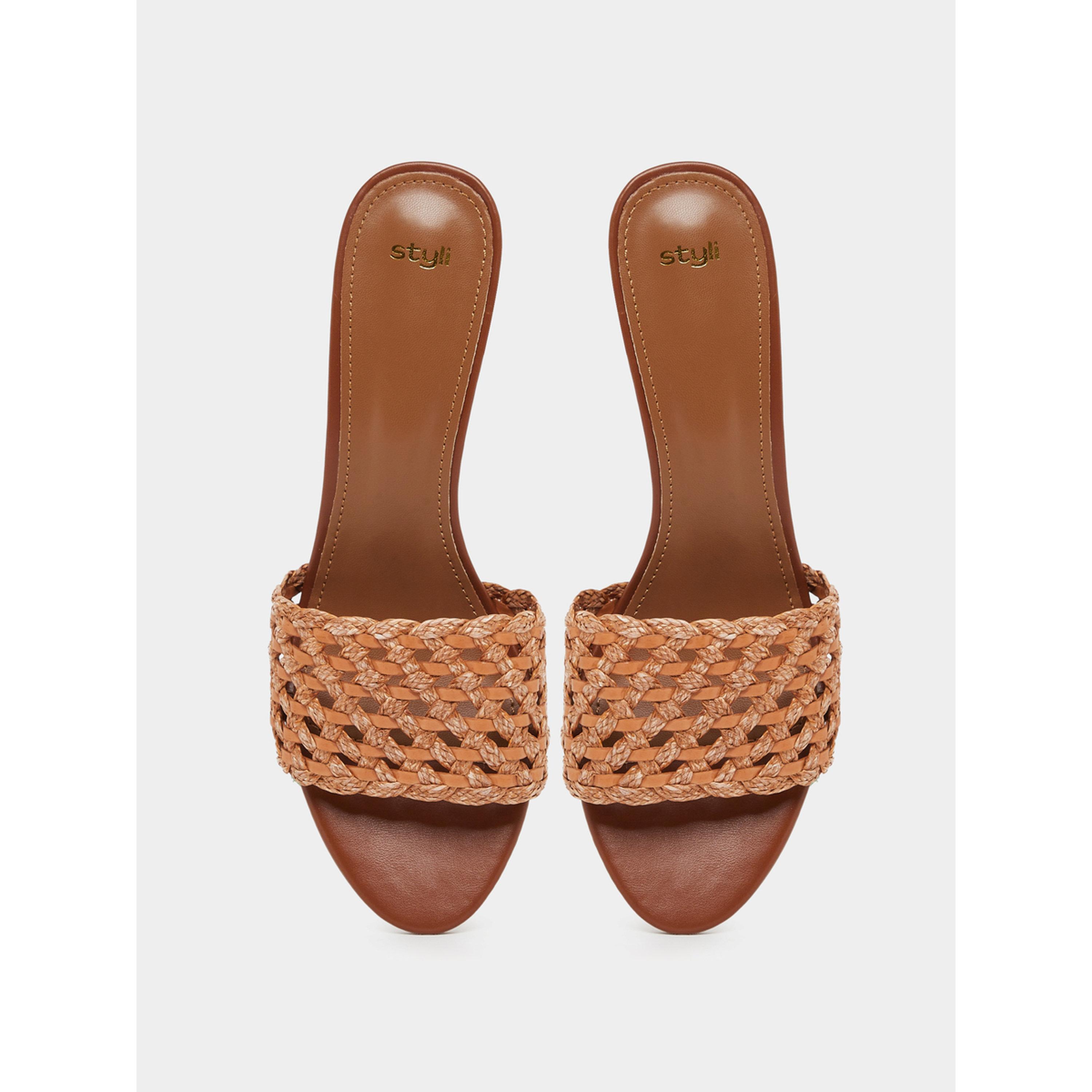 Styli Brown Woven Strap Low Heel Sandals-women-shoes-heels-image-3