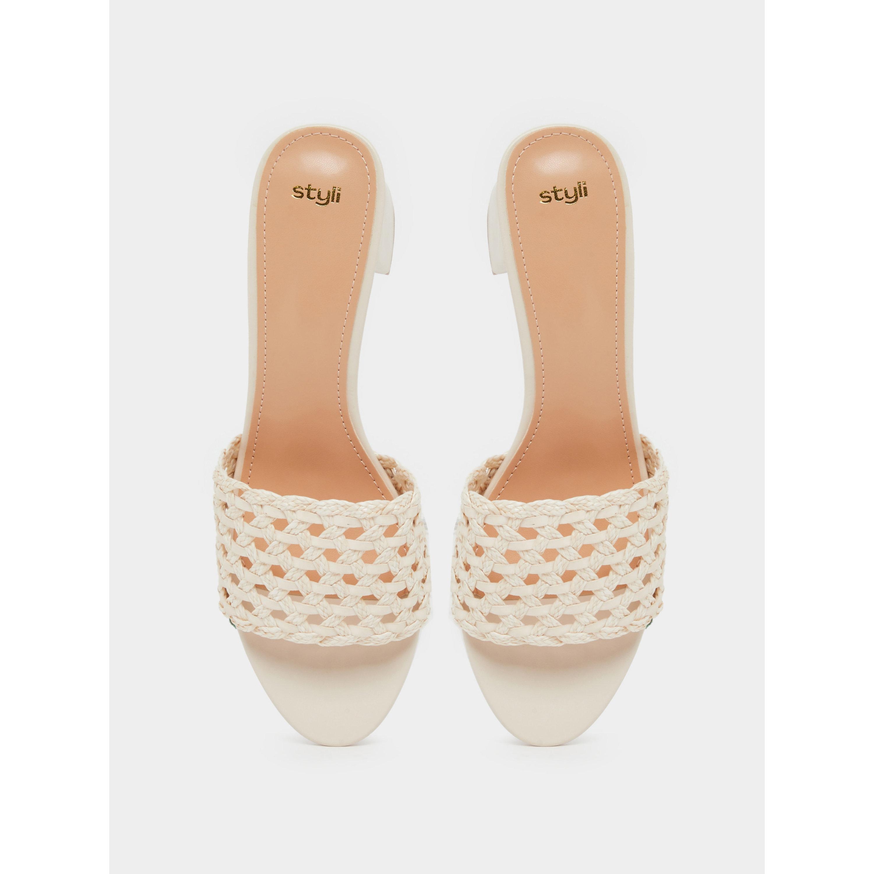 Styli Women Beige Woven Low Heel Mules-women-shoes-heels-image-3