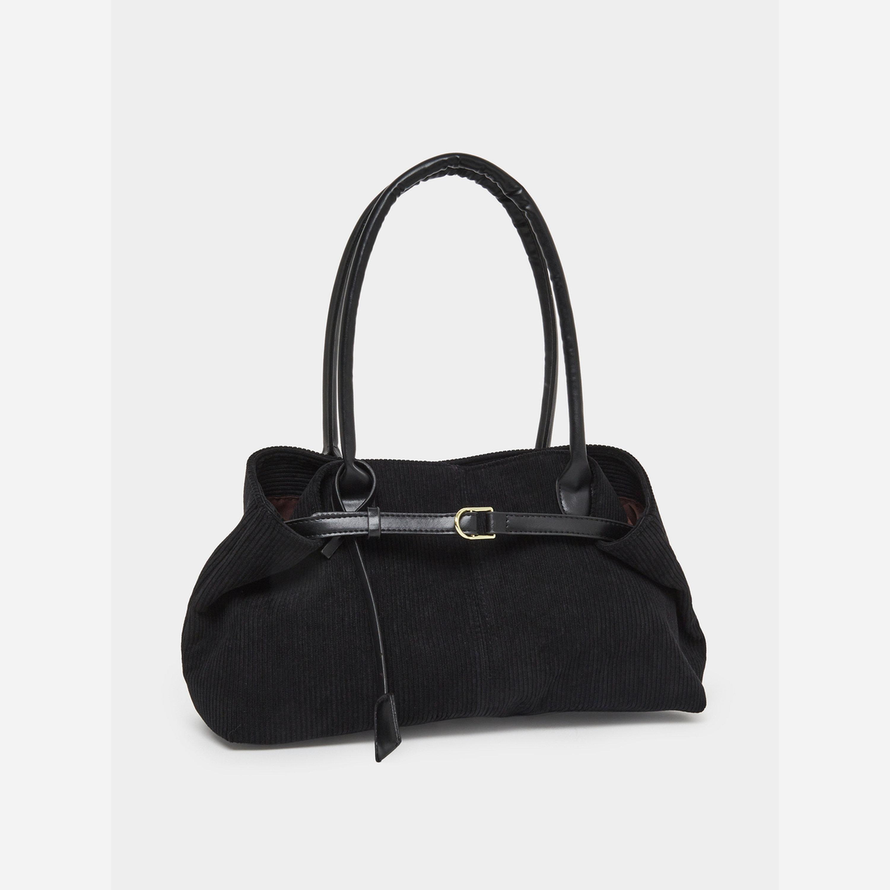 Styli Black Corduroy Tote Bag with Buckle Detail-women-bagsandwallets-handbags-image-1