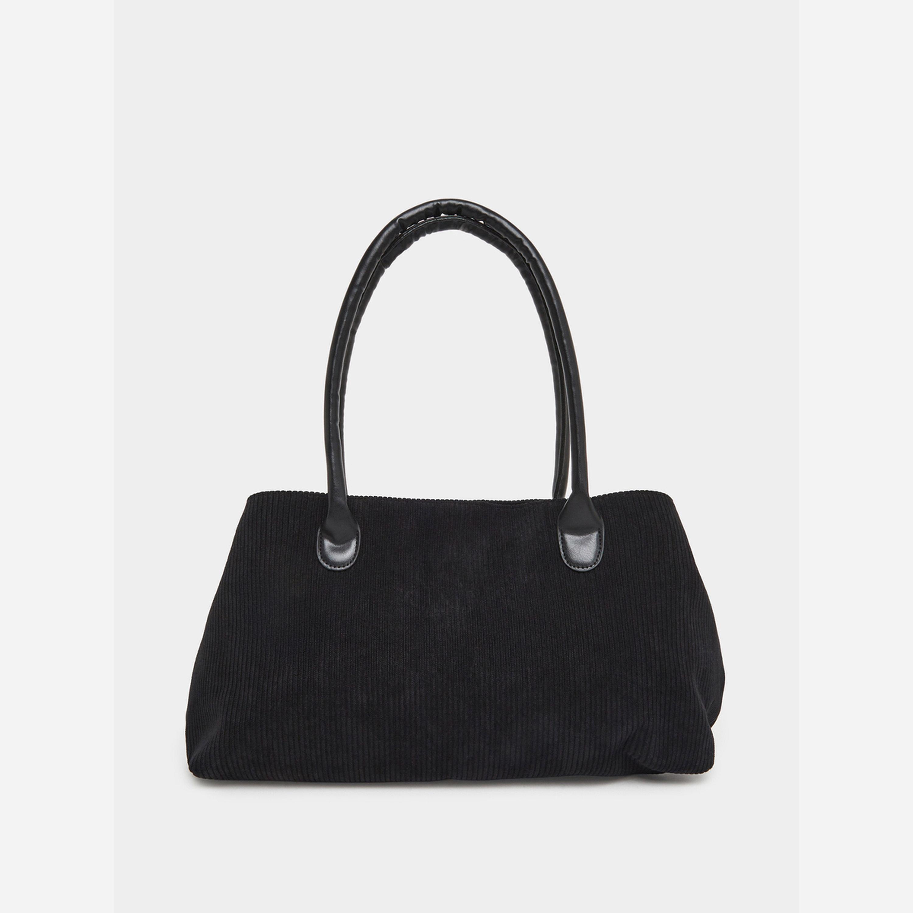 Styli Black Corduroy Tote Bag with Buckle Detail-women-bagsandwallets-handbags-image-2