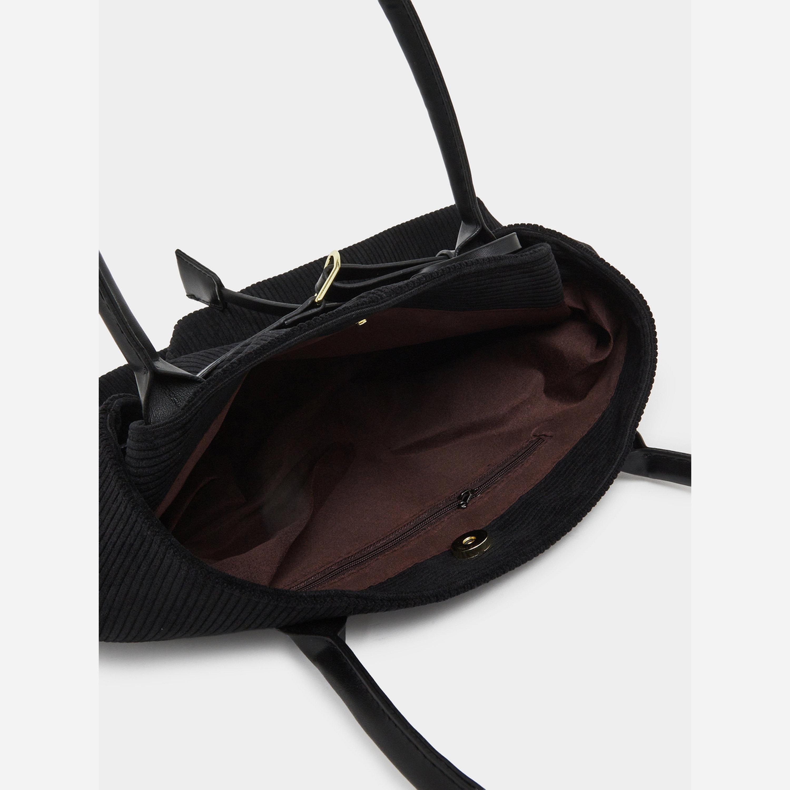 Styli Black Corduroy Tote Bag with Buckle Detail-women-bagsandwallets-handbags-image-3