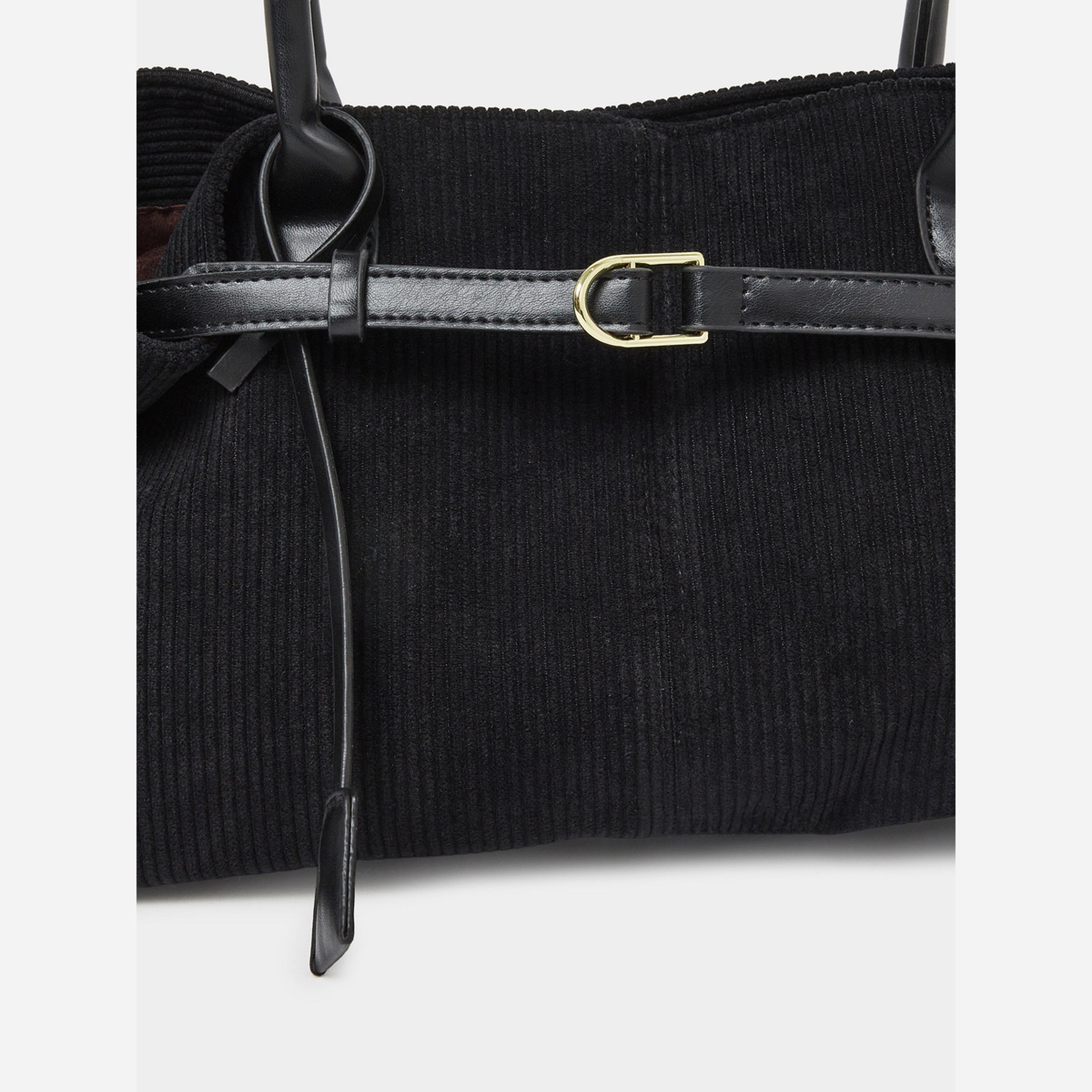 Styli Black Corduroy Tote Bag with Buckle Detail-women-bagsandwallets-handbags-image-4