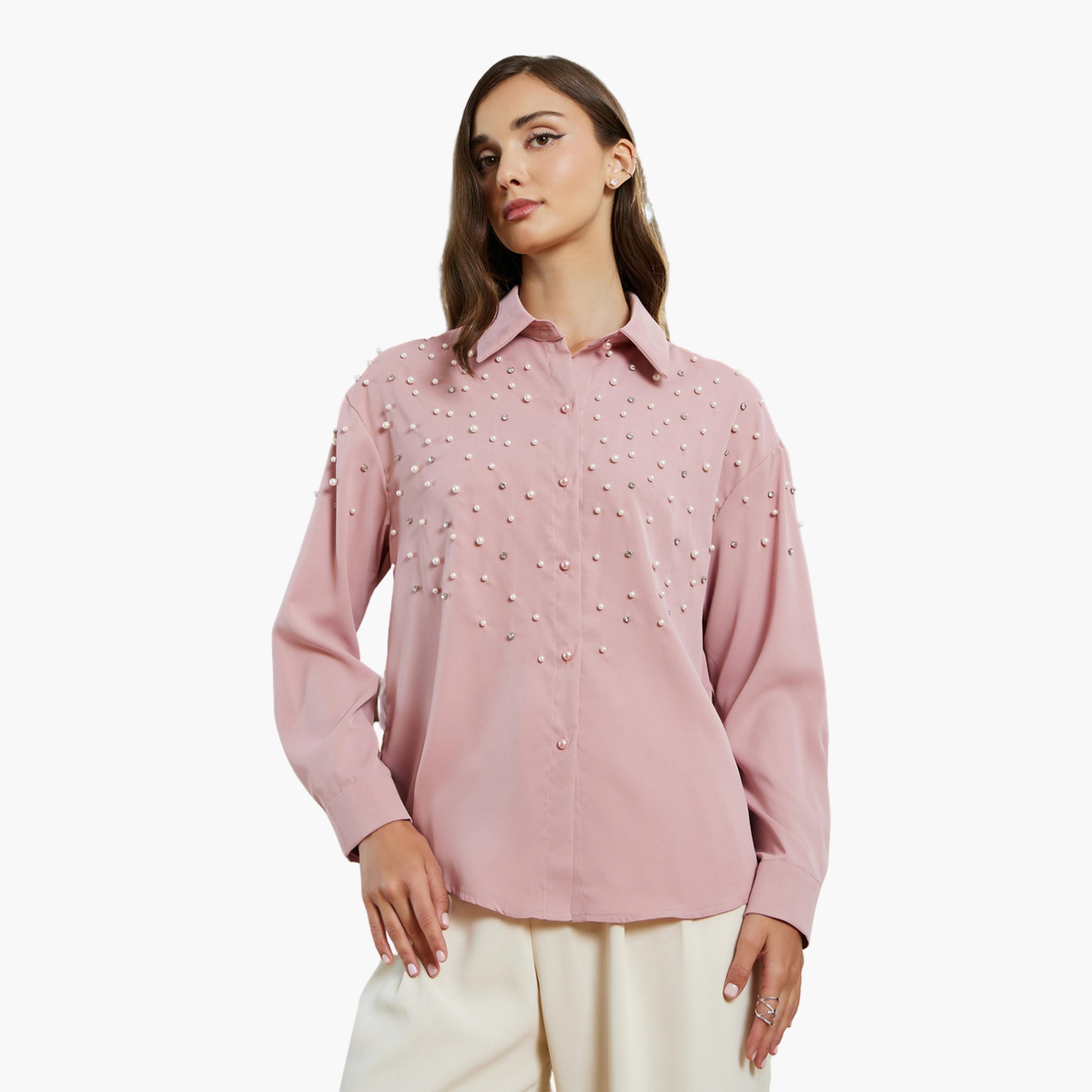 بلوزة بأكمام طويلة وتفاصيل لؤلؤ-women-clothing-shirtsandblouses-shirts-image-1