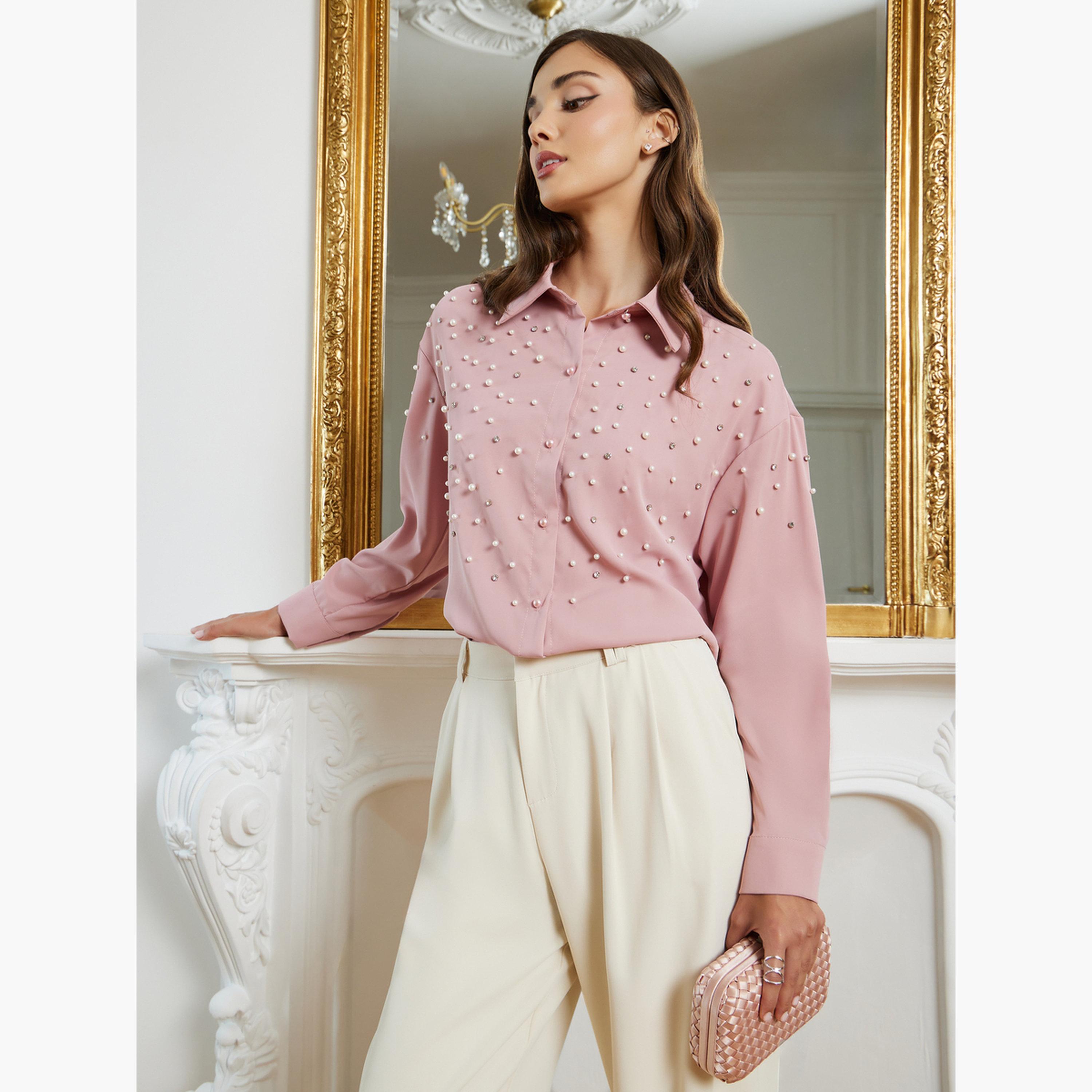 بلوزة بأكمام طويلة وتفاصيل لؤلؤ-women-clothing-shirtsandblouses-shirts-image-3