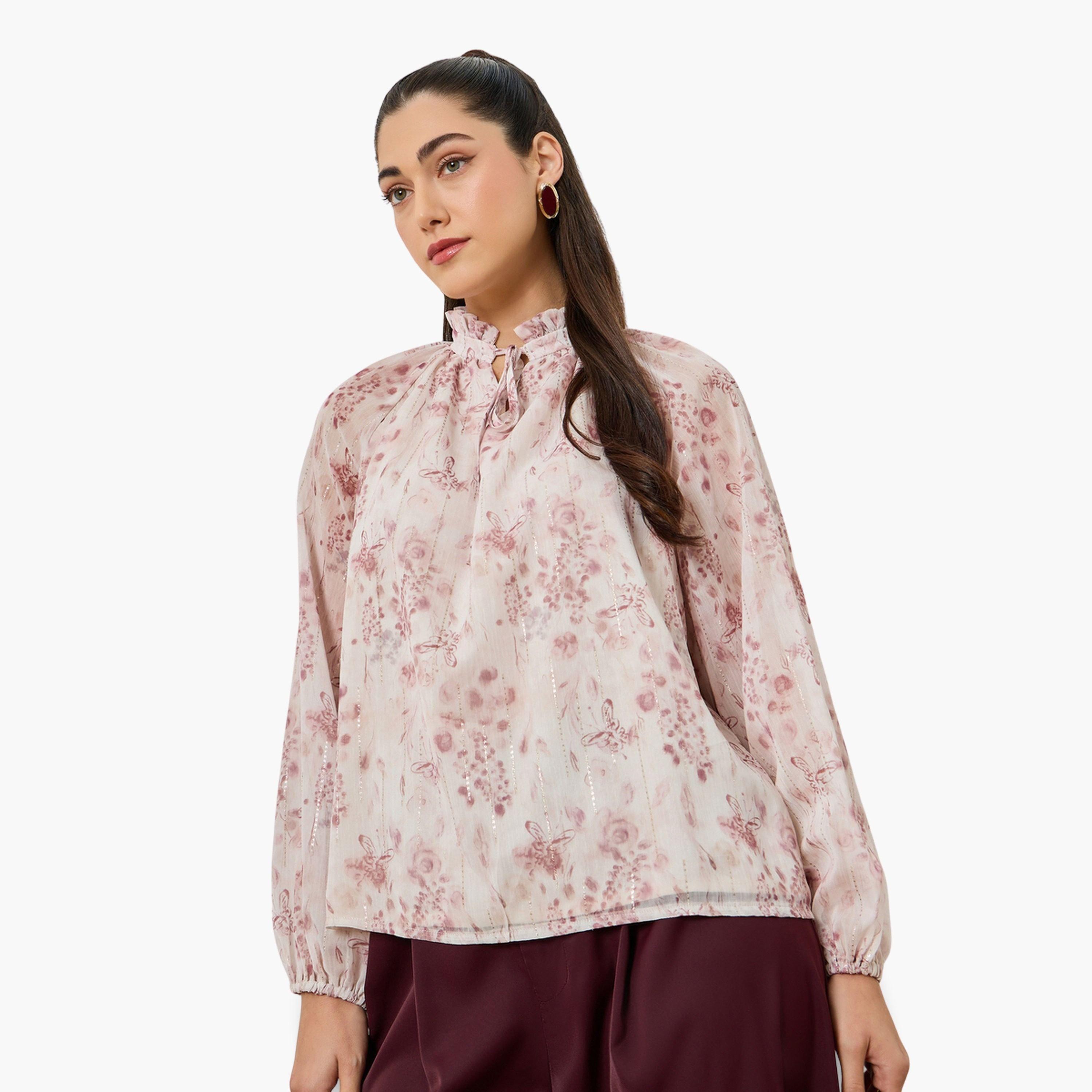 بلوزة برباط عنق وطبعة زهور وردية-women-clothing-shirtsandblouses-blouses-image-1