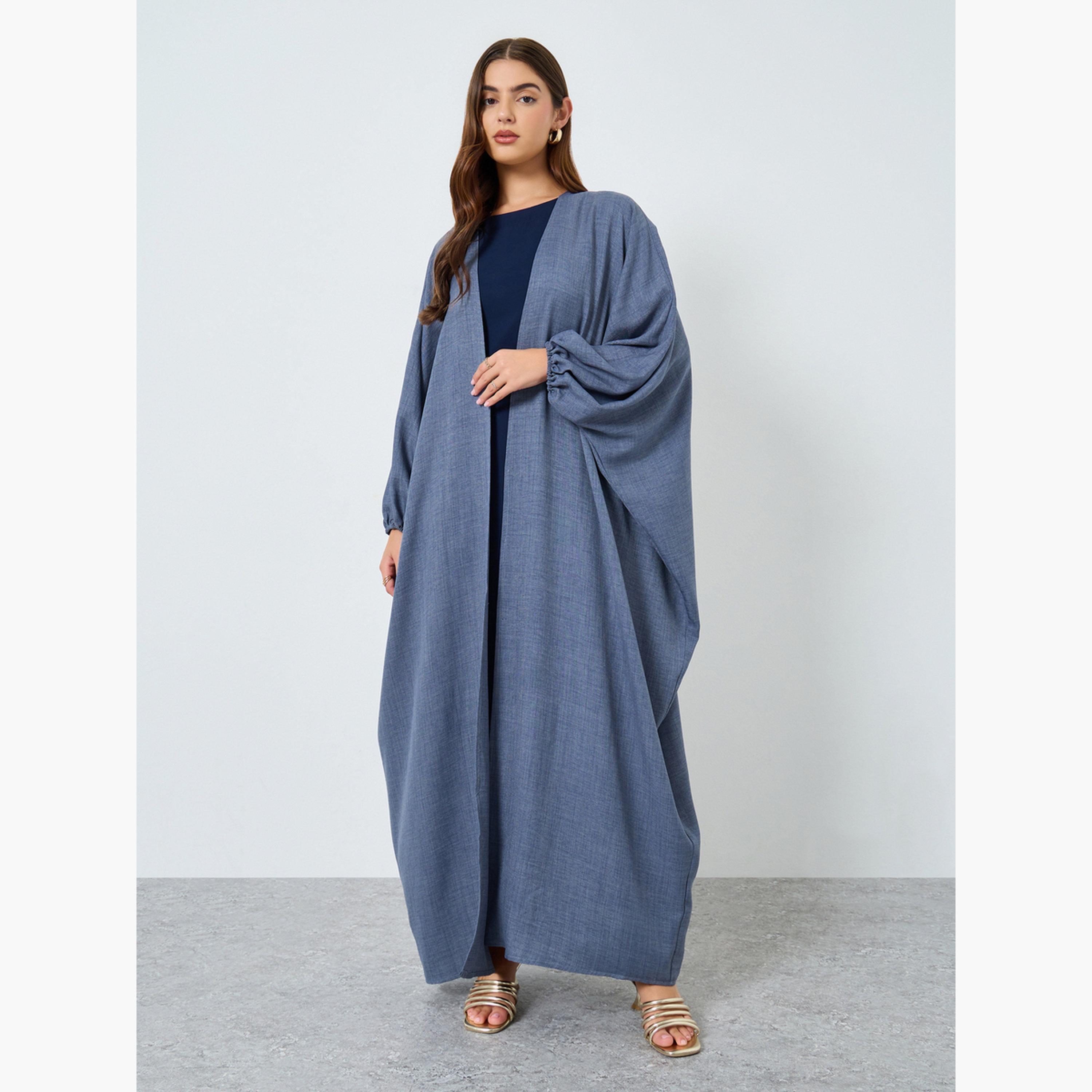 عباية مفتوحة بأكمام كيمونو بنقشة بارزة-women-arabicclothing-abayas-image-1