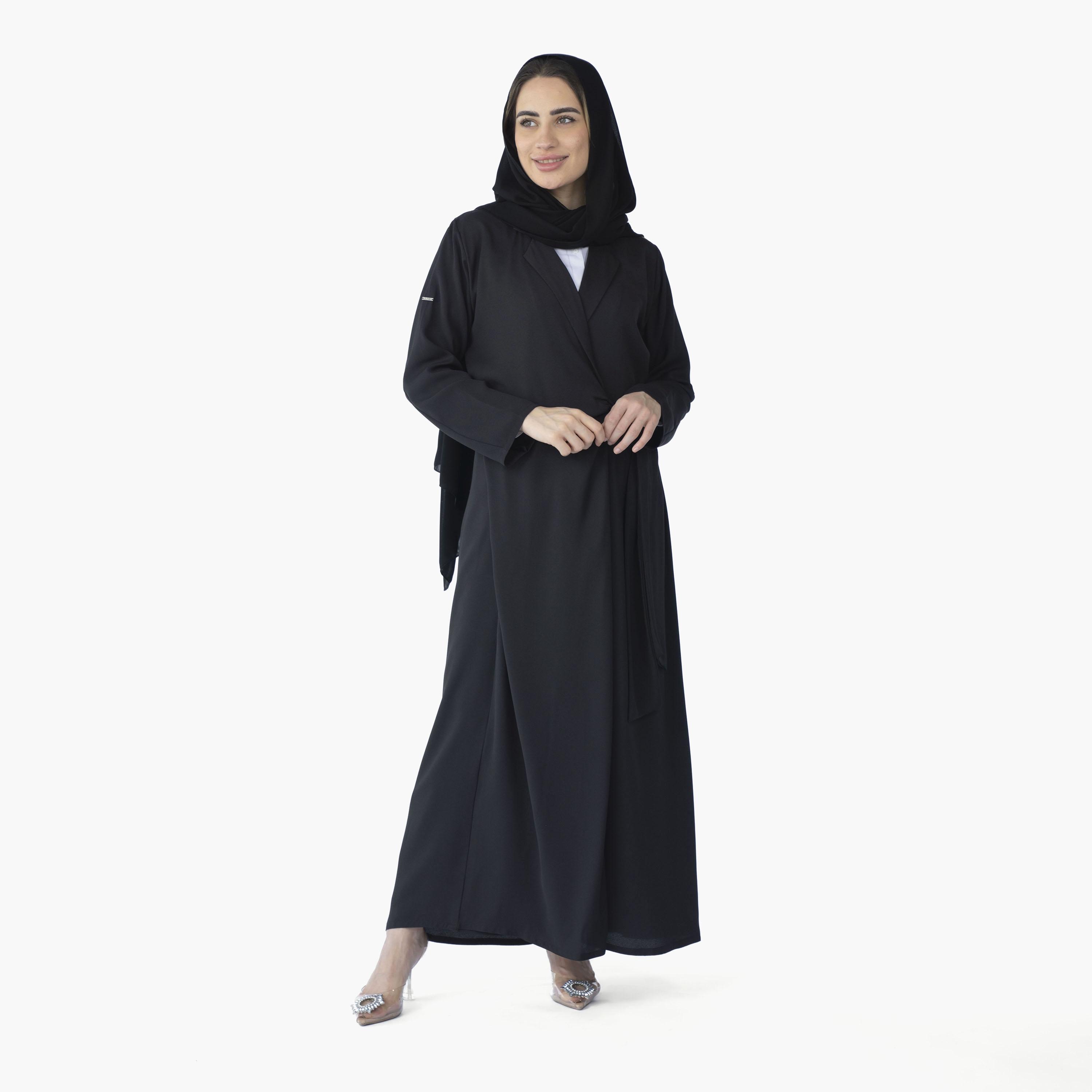 Ramshaa Plain Lapel Collar Side Belt Abaya with Hijab-women-arabicclothing-abayas-image-1