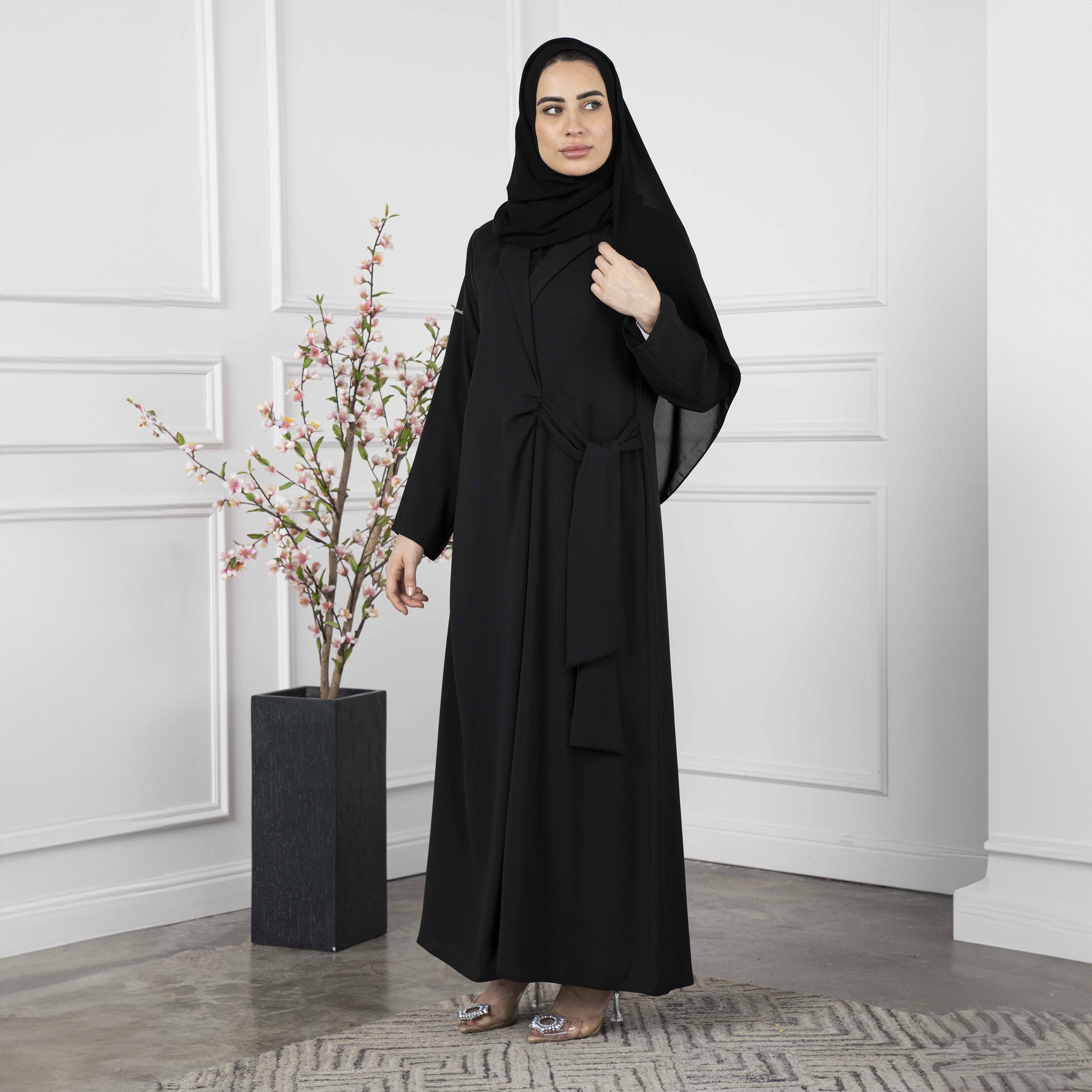 Ramshaa Plain Lapel Collar Side Belt Abaya with Hijab-women-arabicclothing-abayas-image-2