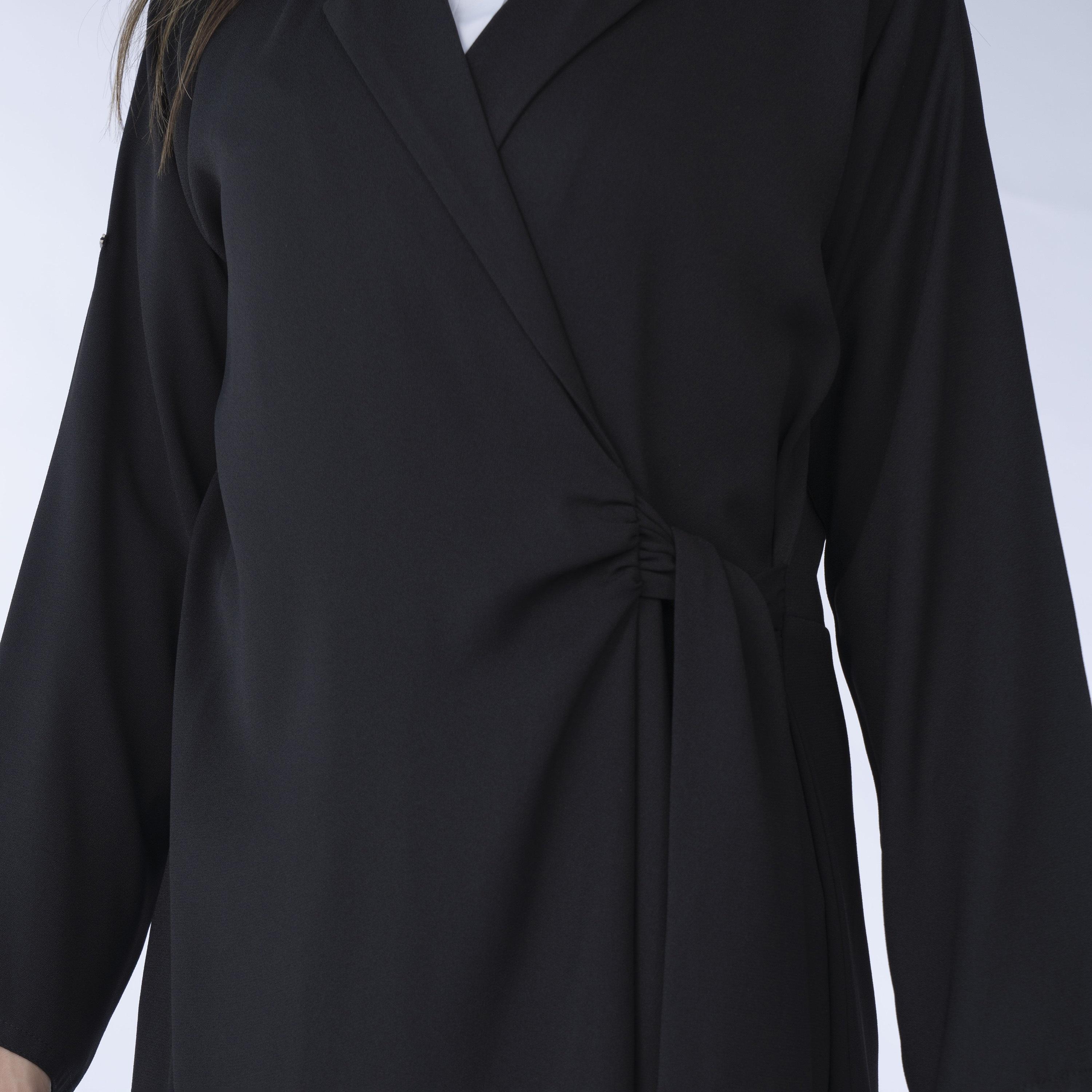 Ramshaa Plain Lapel Collar Side Belt Abaya with Hijab-women-arabicclothing-abayas-image-3