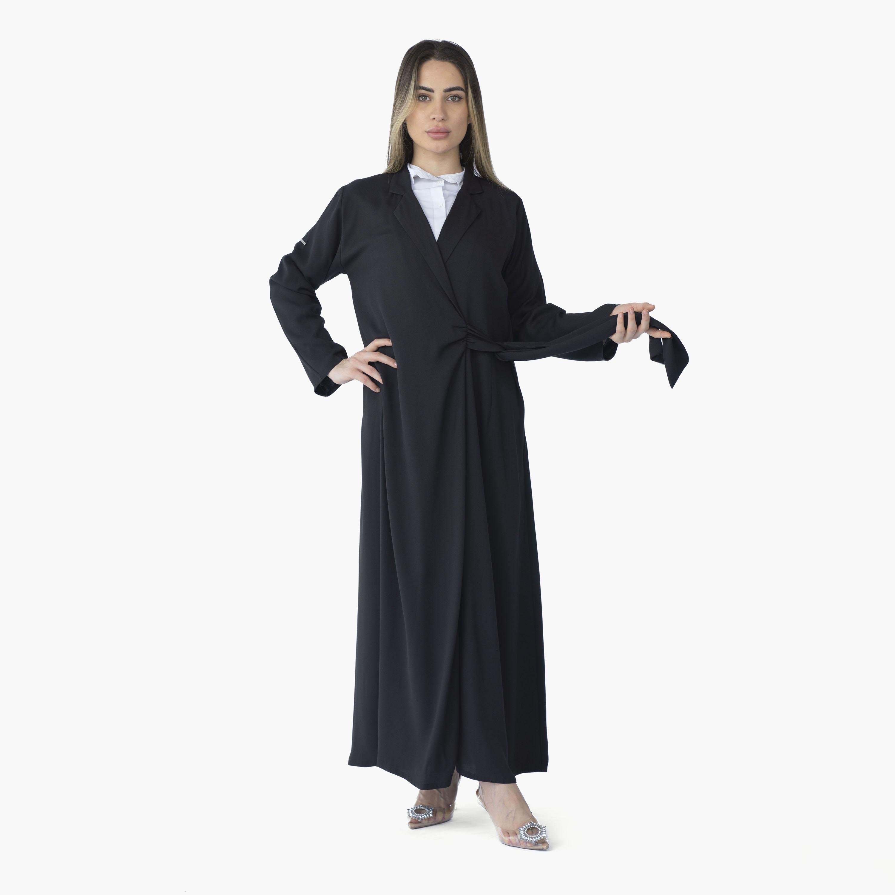 Ramshaa Plain Lapel Collar Side Belt Abaya with Hijab-women-arabicclothing-abayas-image-4