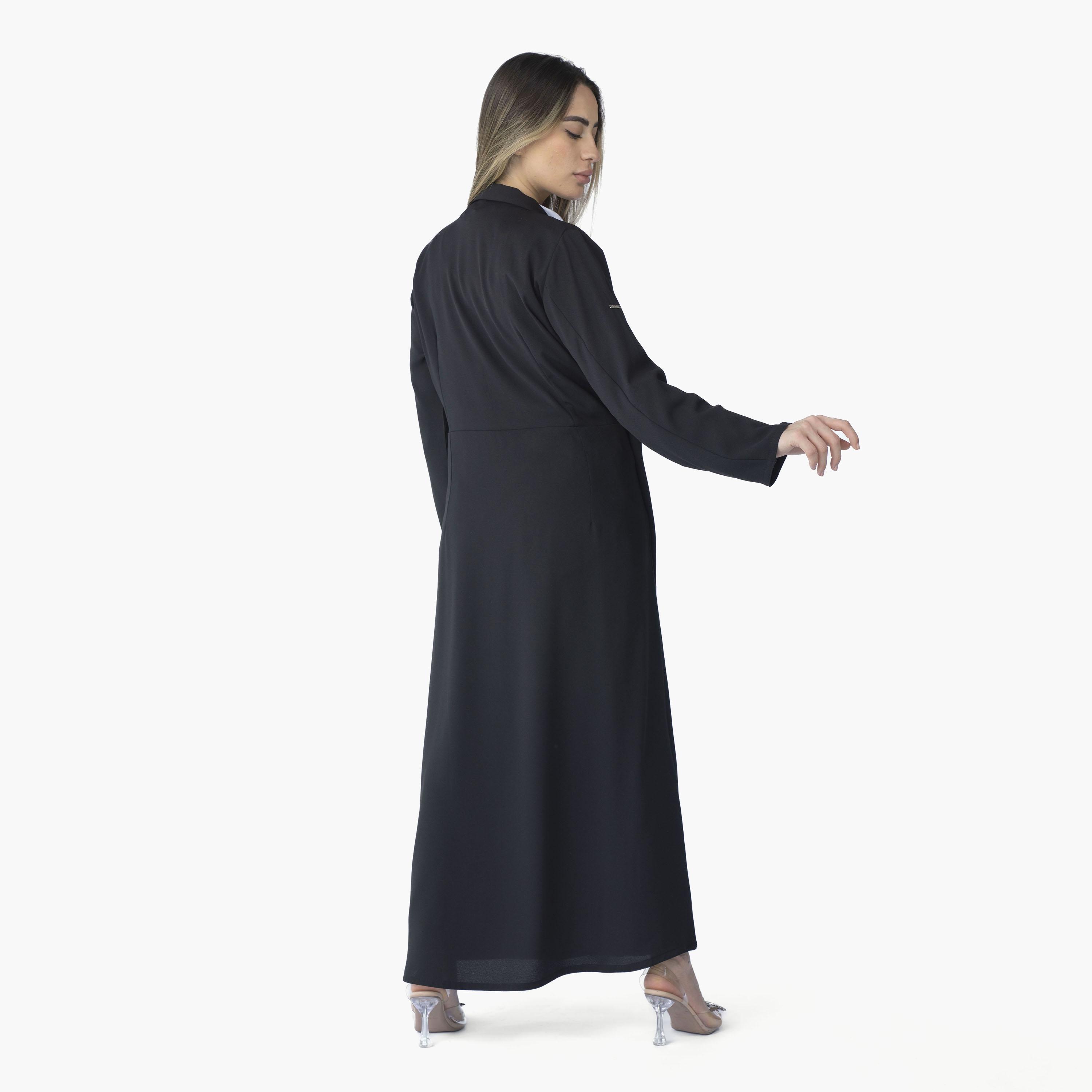 Ramshaa Plain Lapel Collar Side Belt Abaya with Hijab-women-arabicclothing-abayas-image-5