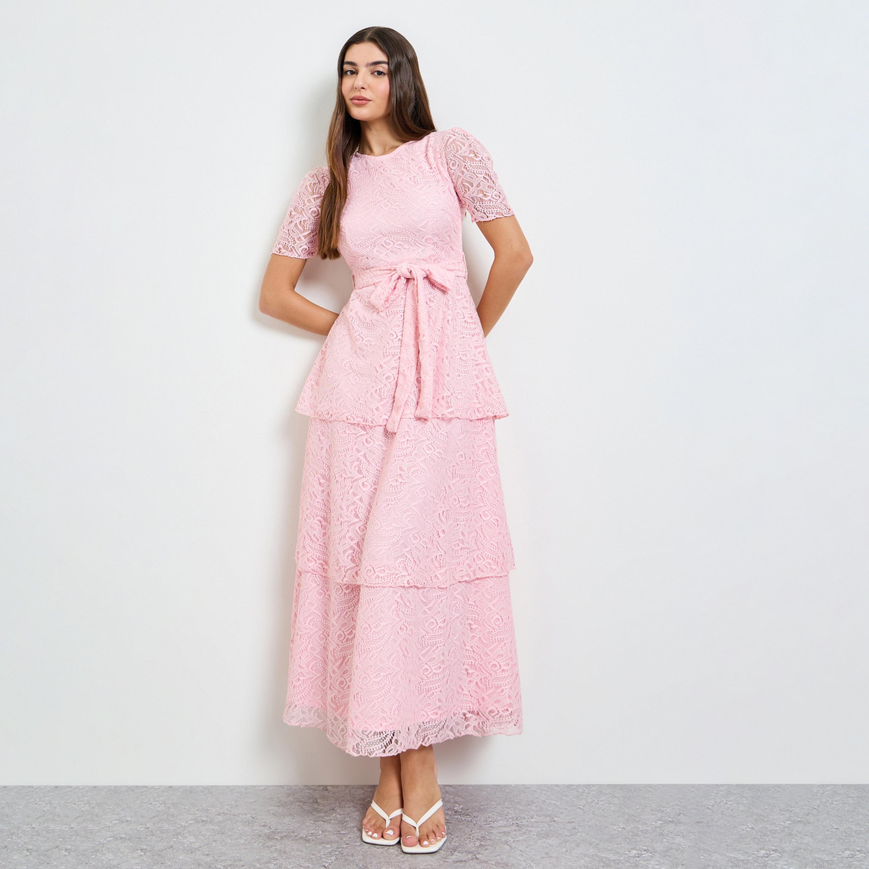 فستان طويل بطبقات دانتيل مع حزام ربط-women-clothing-dresses-image-1