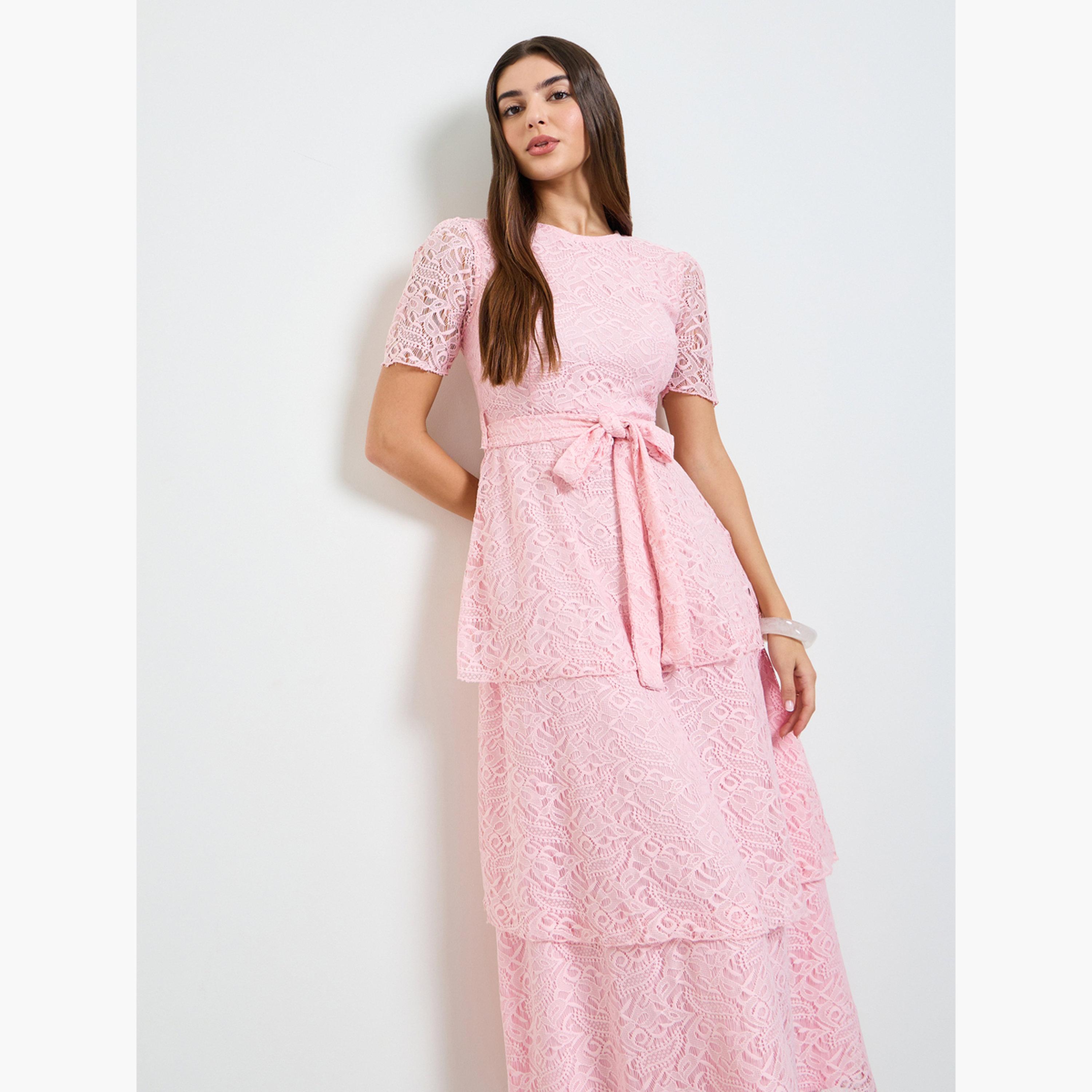 فستان طويل بطبقات دانتيل مع حزام ربط-women-clothing-dresses-image-2