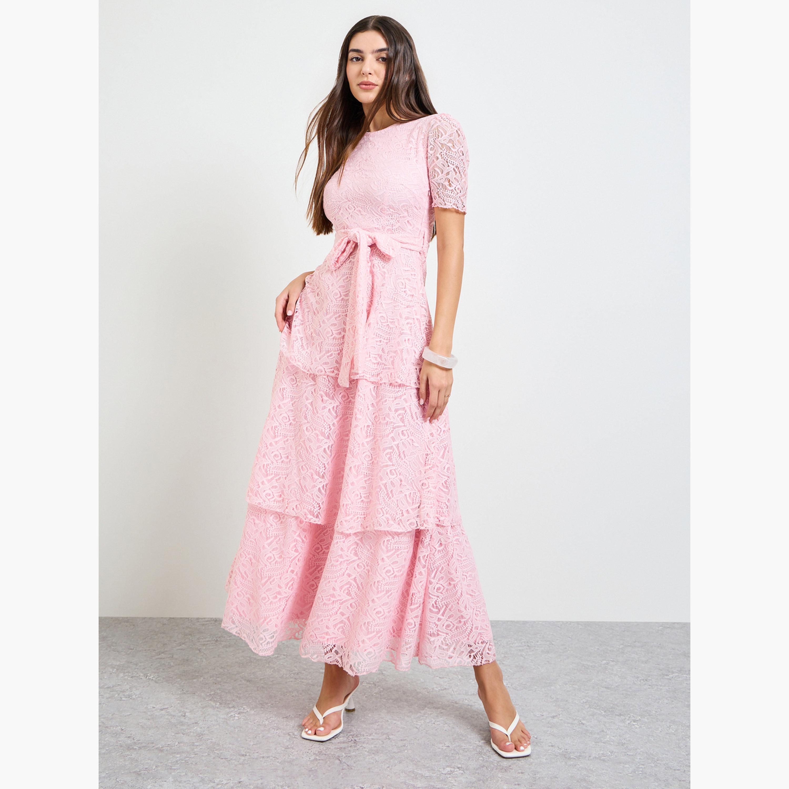 فستان طويل بطبقات دانتيل مع حزام ربط-women-clothing-dresses-image-3