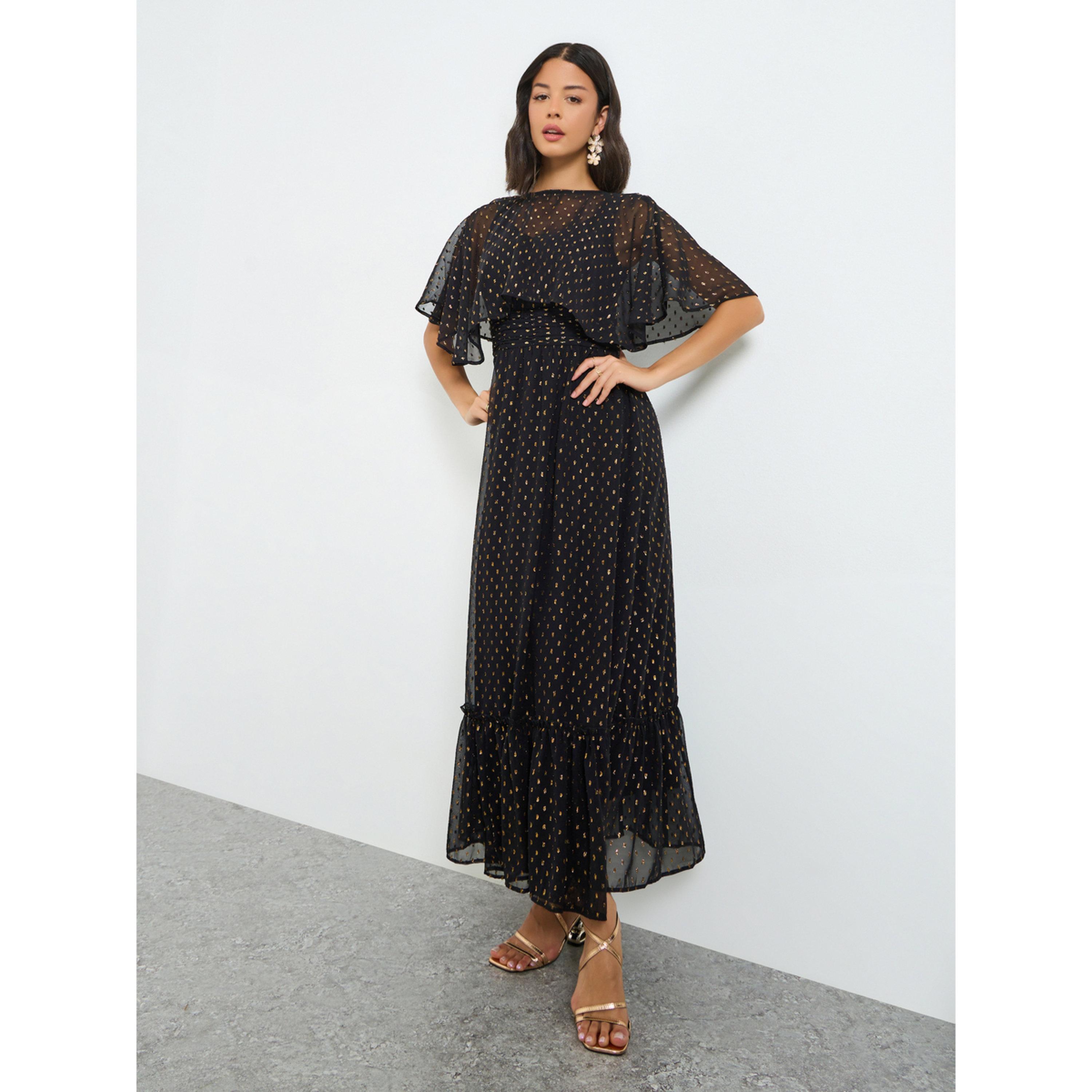 فستان طويل بتفاصيل لوريكس فويل وأكمام كيب-women-clothing-dresses-image-1