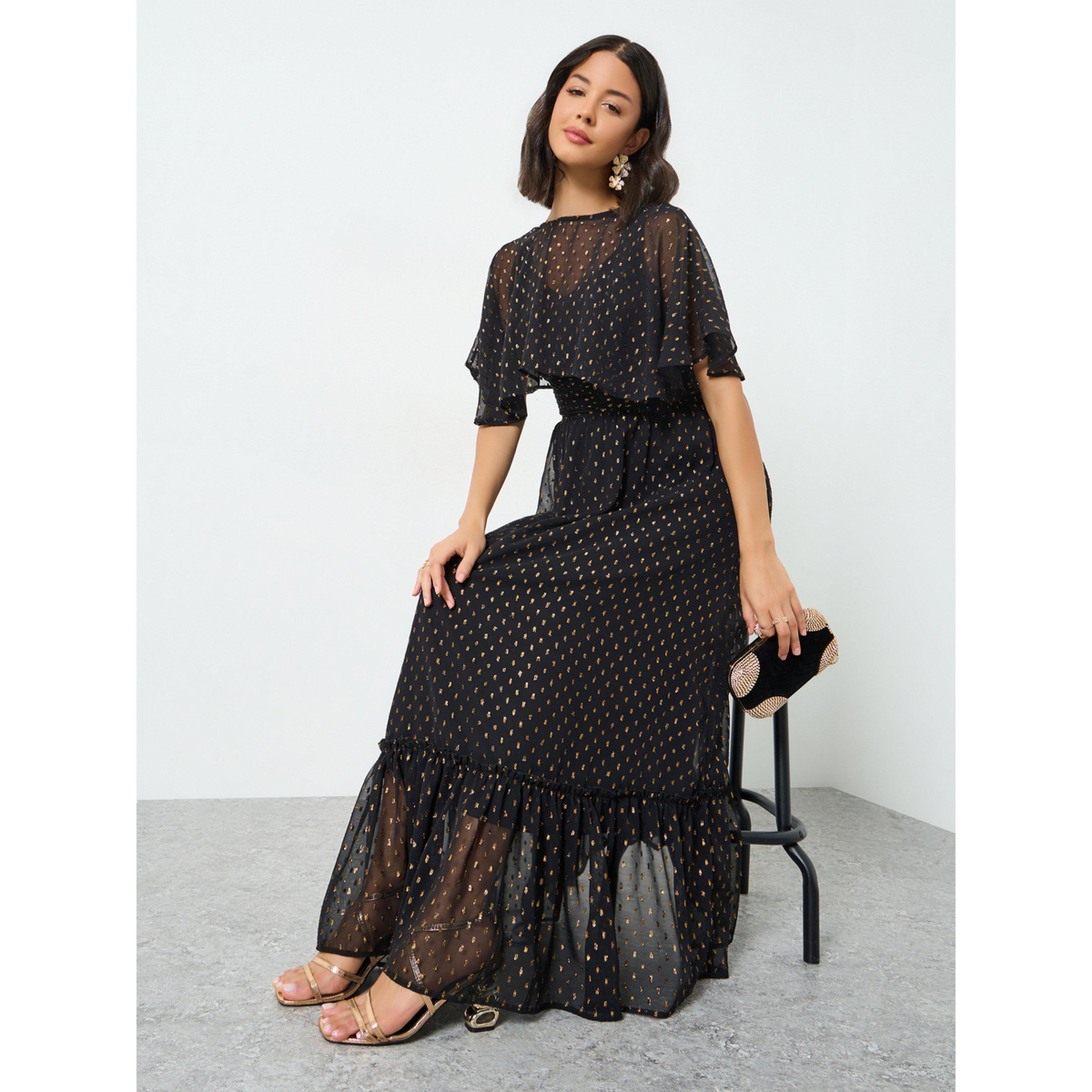 Styli Black Lurex Foil Cape Sleeve Maxi Dress-women-clothing-dresses-image-2
