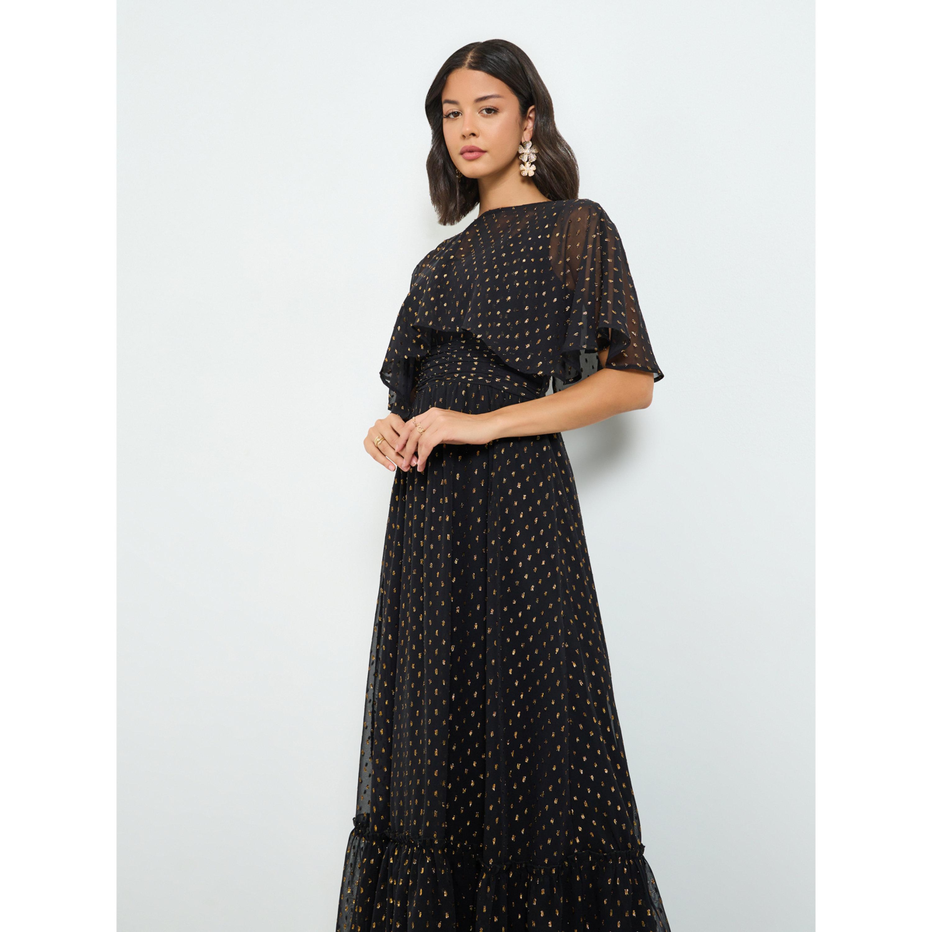 Styli Black Lurex Foil Cape Sleeve Maxi Dress-women-clothing-dresses-image-3