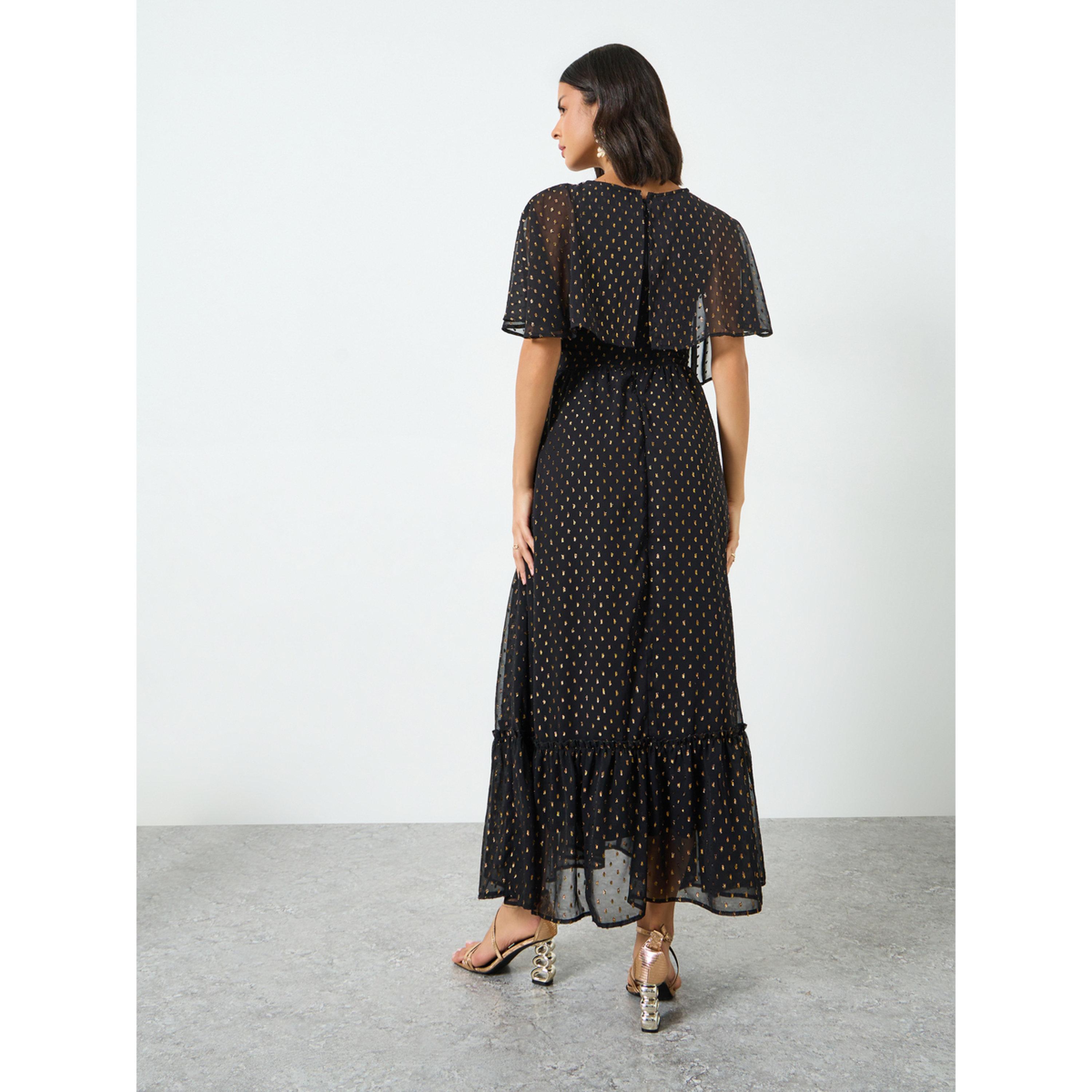 Styli Black Lurex Foil Cape Sleeve Maxi Dress-women-clothing-dresses-image-4