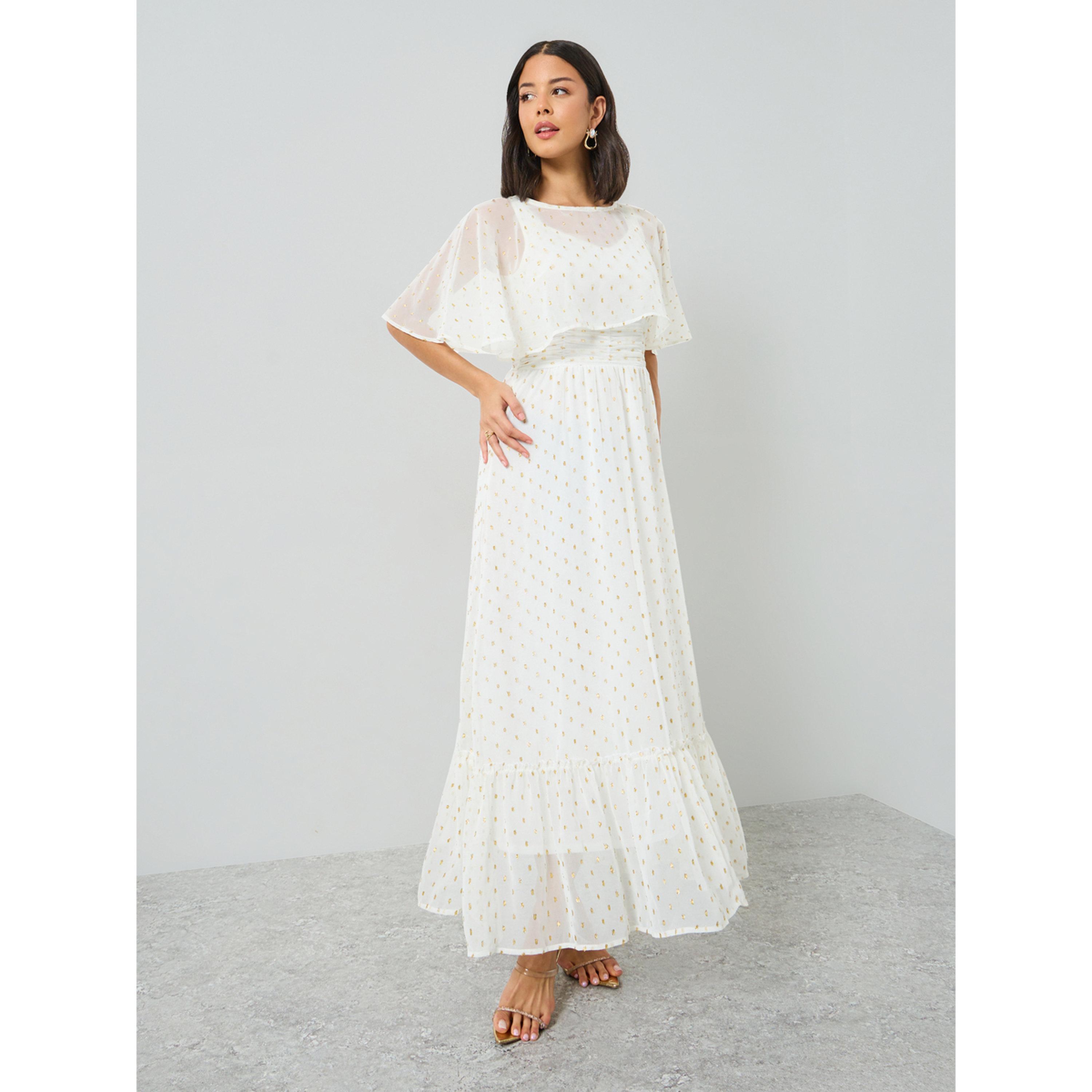 Styli White Lurex Foil Cape Sleeve Maxi Dress-women-clothing-dresses-image-3
