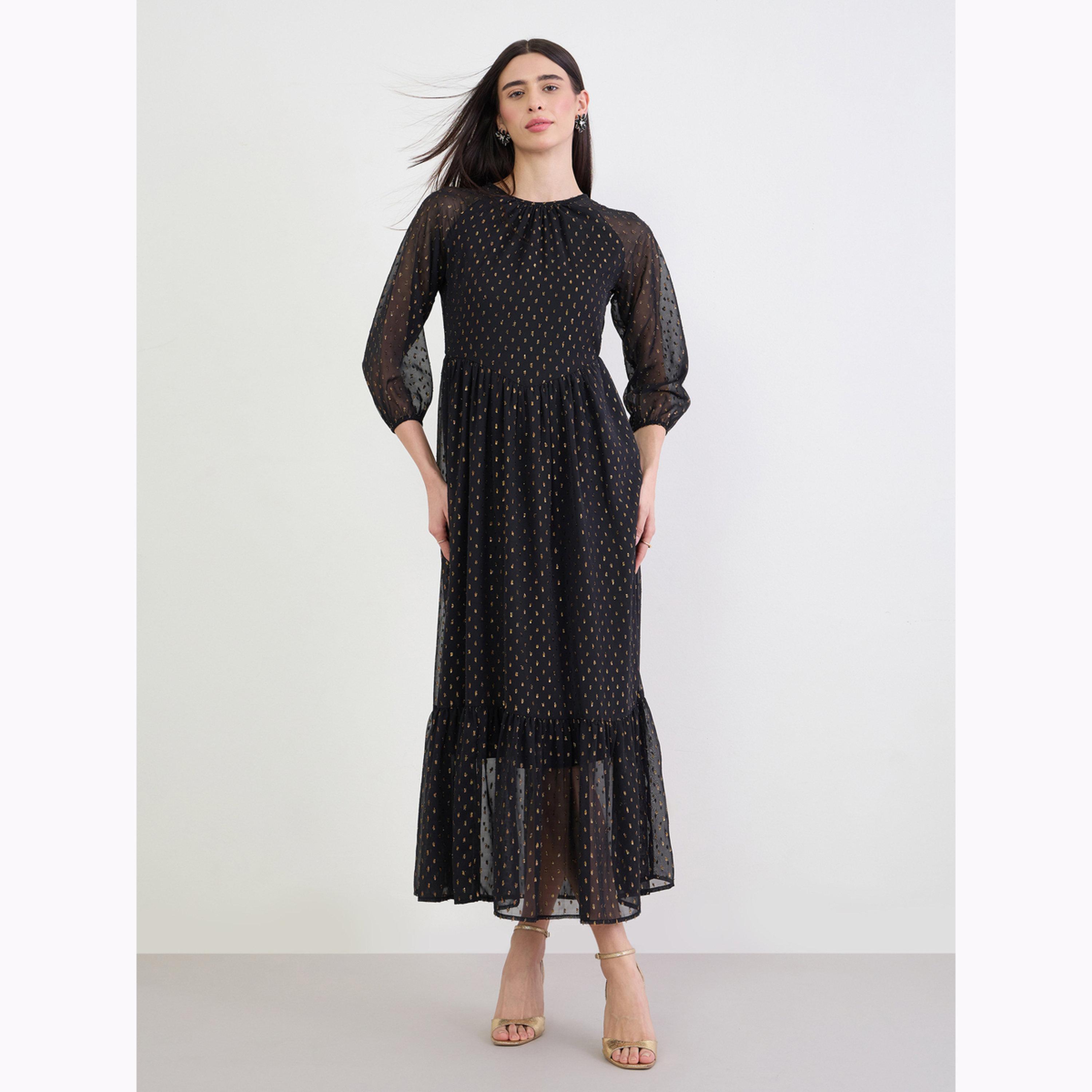 Styli Black Foil Dobby 3/4 Sleeves A-Line Maxi Dress-women-clothing-dresses-image-1