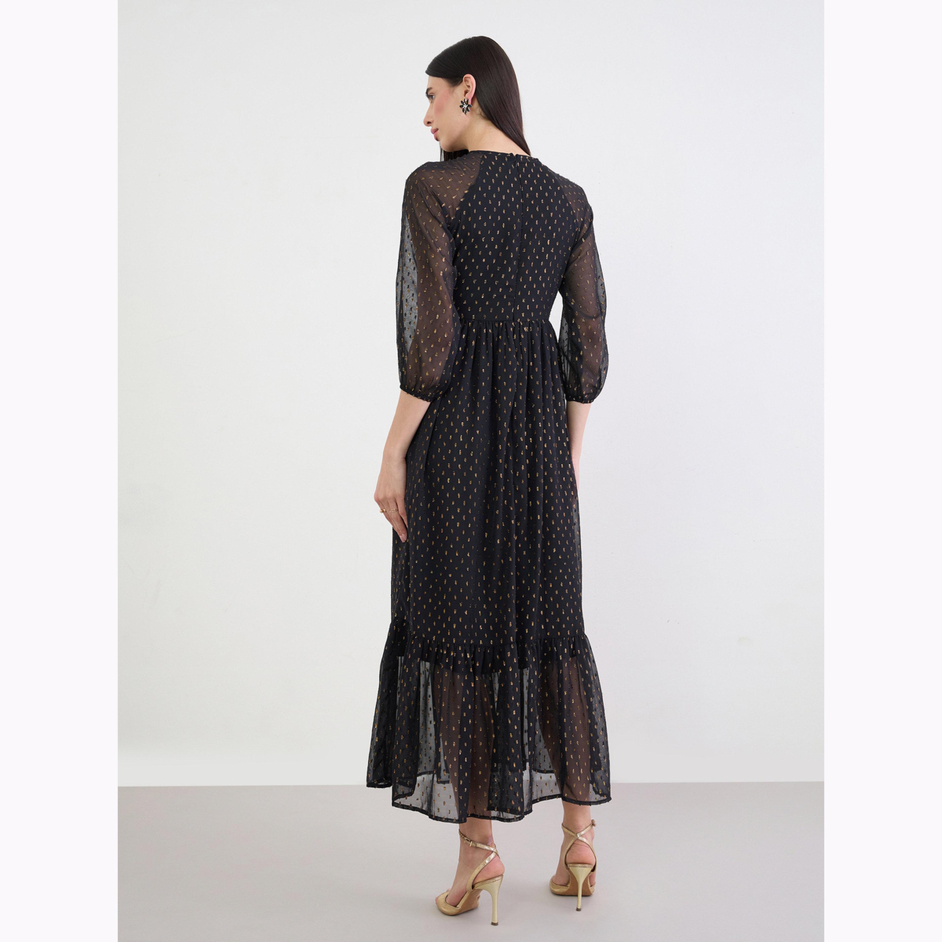 Styli Black Foil Dobby 3/4 Sleeves A-Line Maxi Dress-women-clothing-dresses-image-2