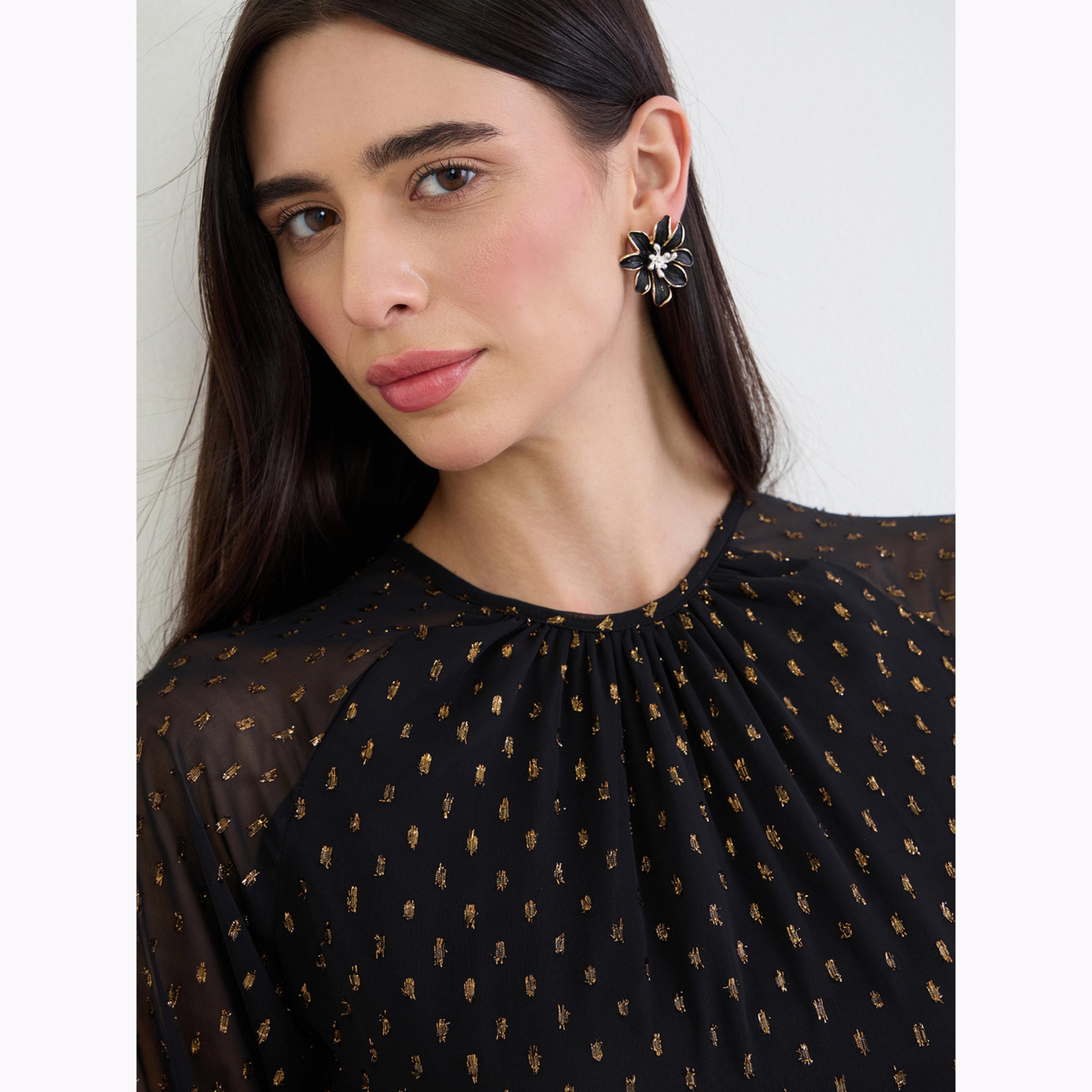 Styli Black Foil Dobby 3/4 Sleeves A-Line Maxi Dress-women-clothing-dresses-image-3