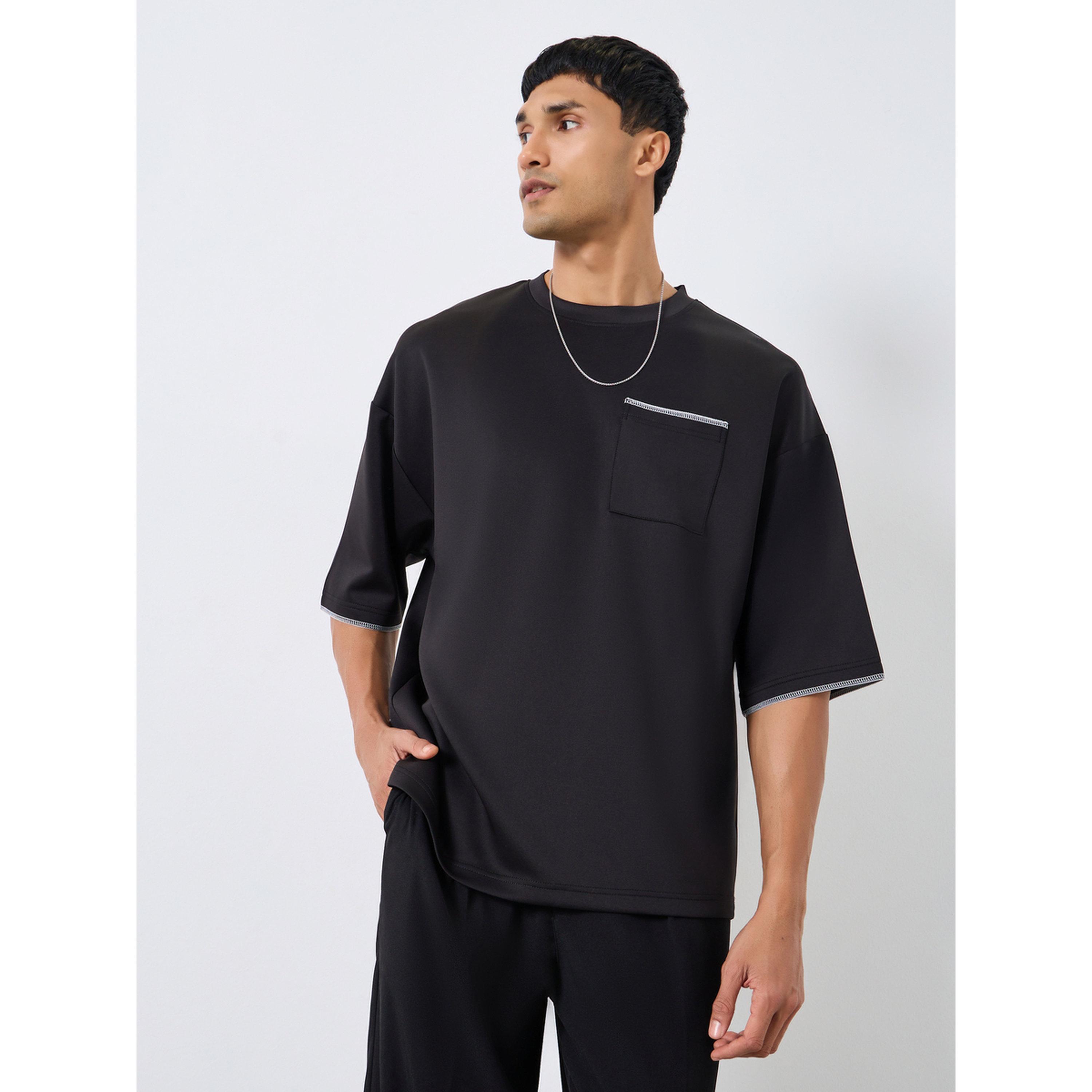 Styli Men Black Boxy Fit T-Shirt with Contrast Stitching-men-clothing-tshirtsandpolos-tshirts-image-1