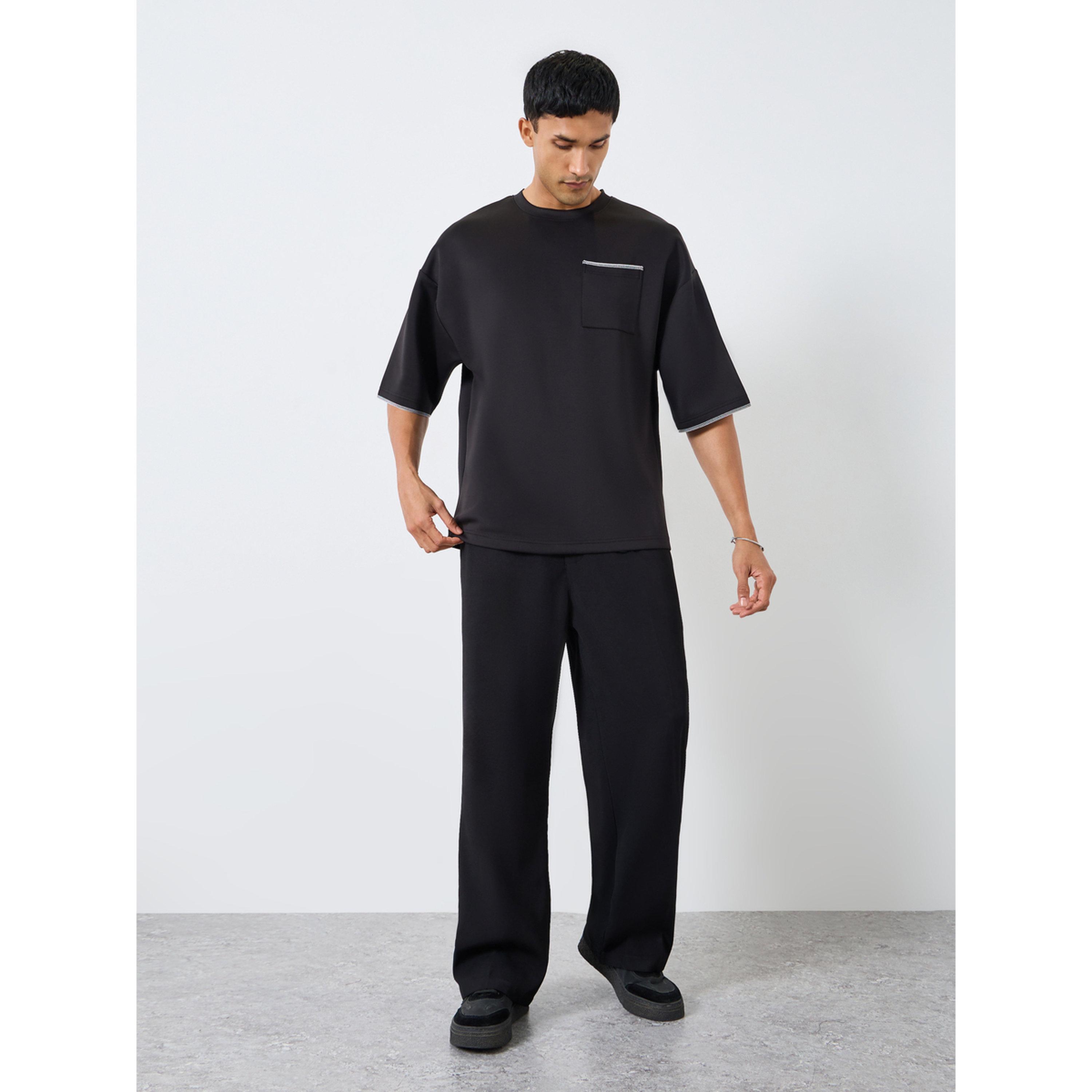 Styli Men Black Boxy Fit T-Shirt with Contrast Stitching-men-clothing-tshirtsandpolos-tshirts-image-2