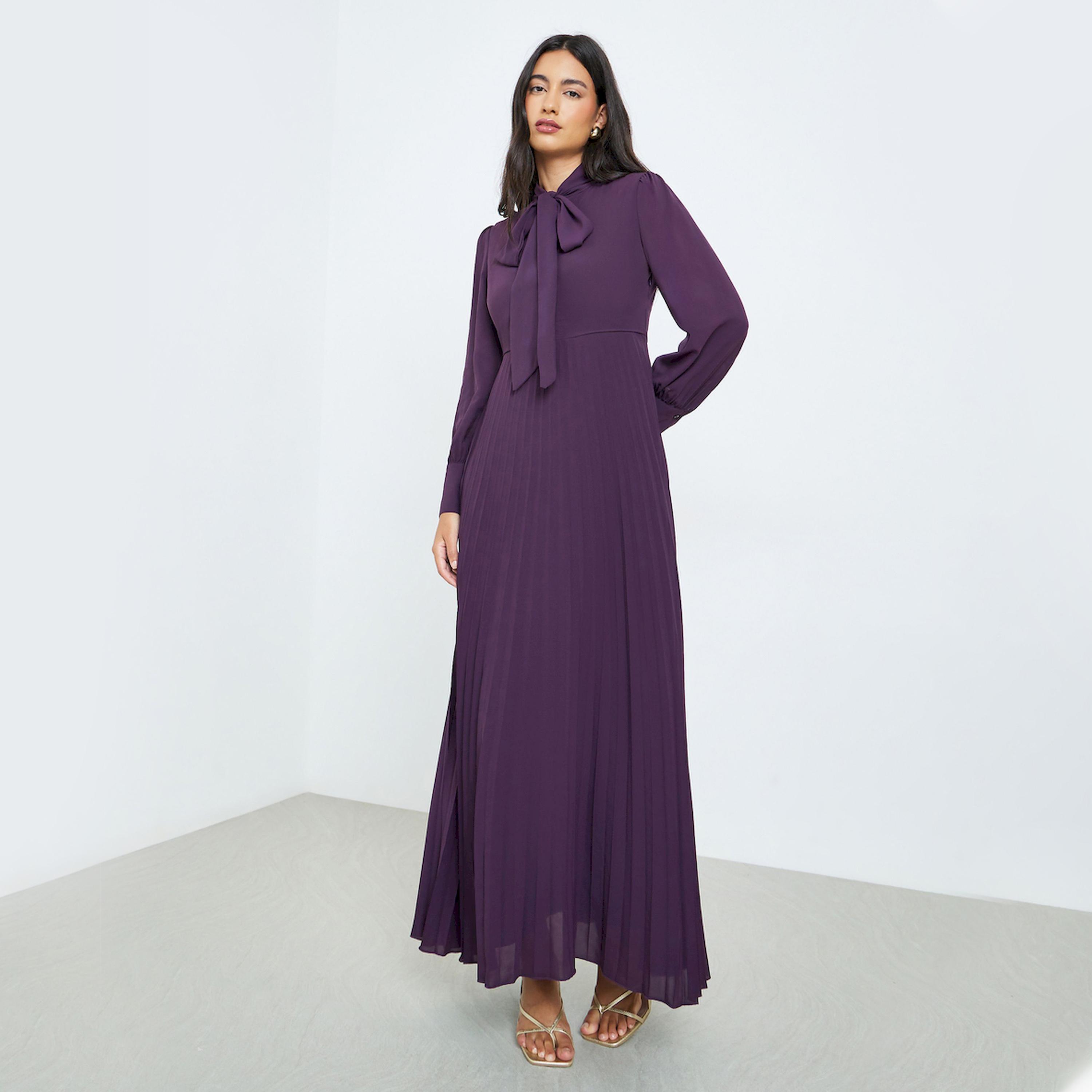 فستان ماكسي بكسرات وربطة أنشوطة-women-clothing-dresses-image-1